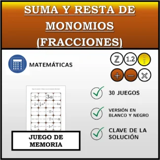 Juego de memoria: Suma y resta de monomios (fracciones)