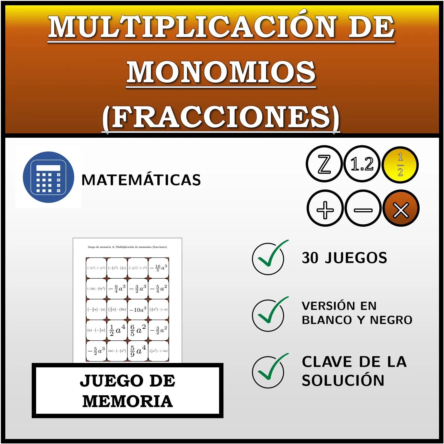 Juego de memoria: Multiplicación de monomios (fracciones)