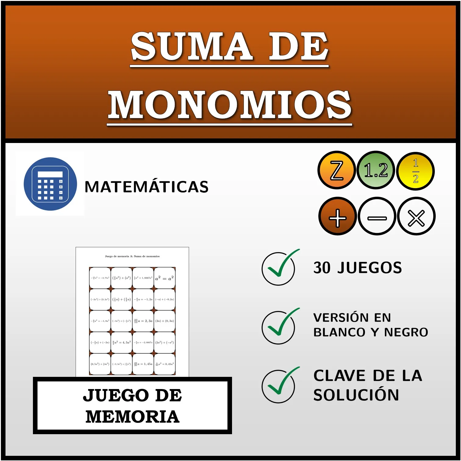 Juego de memoria: Suma de monomios