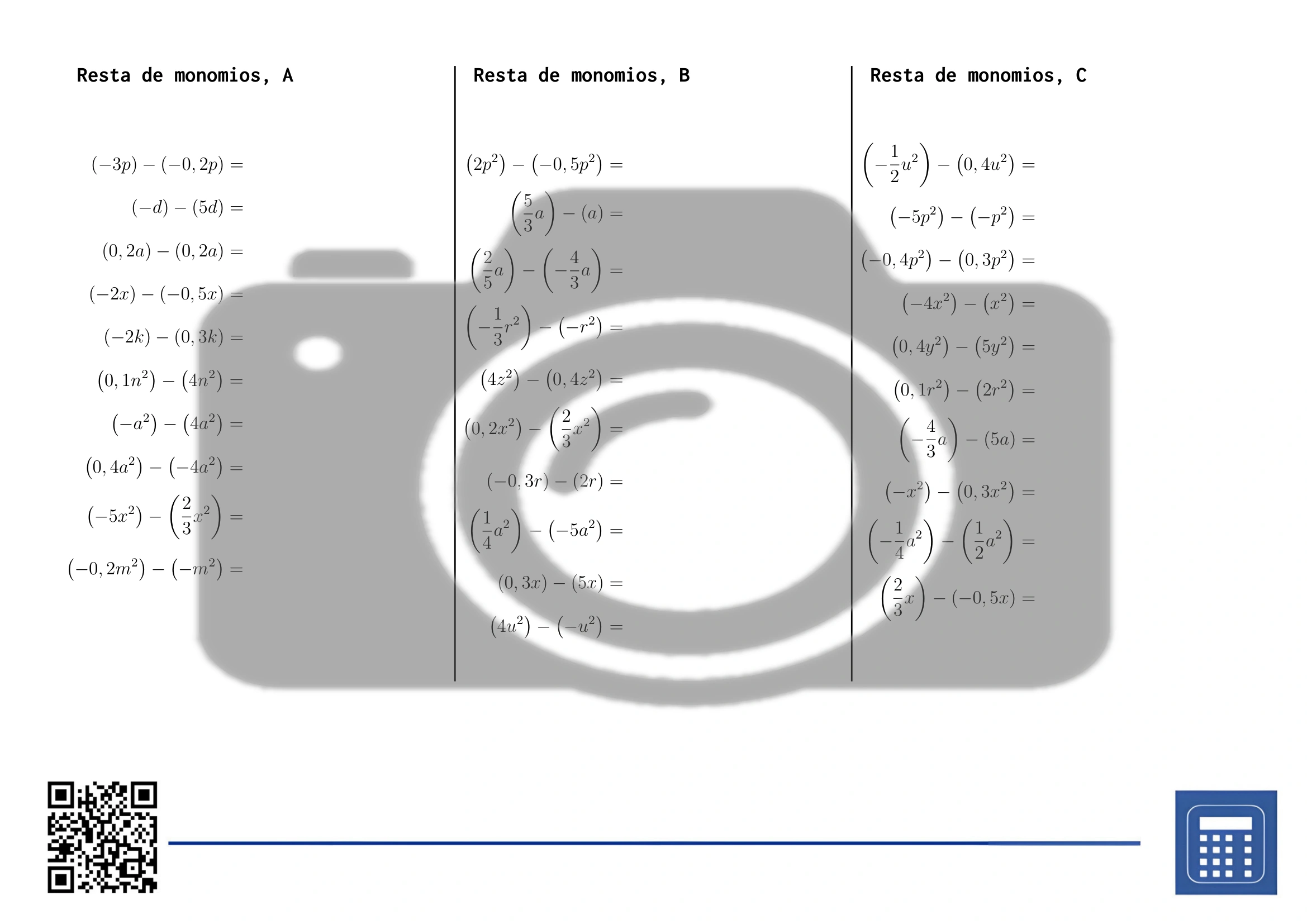 Hoja de trabajo: Resta de monomios - Imagen 2