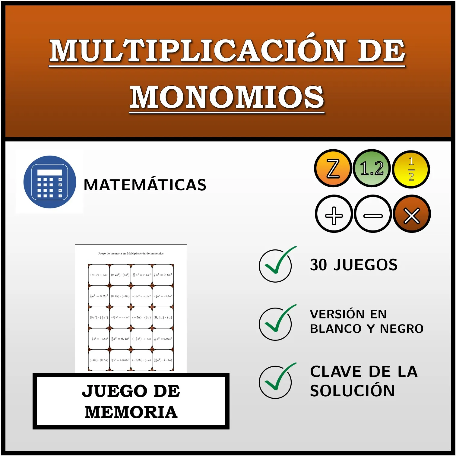 Juego de memoria: Multiplicación de monomios
