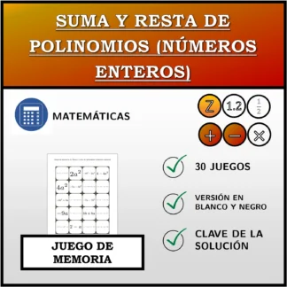 Juego de memoria: Suma y resta de polinomios (números enteros)
