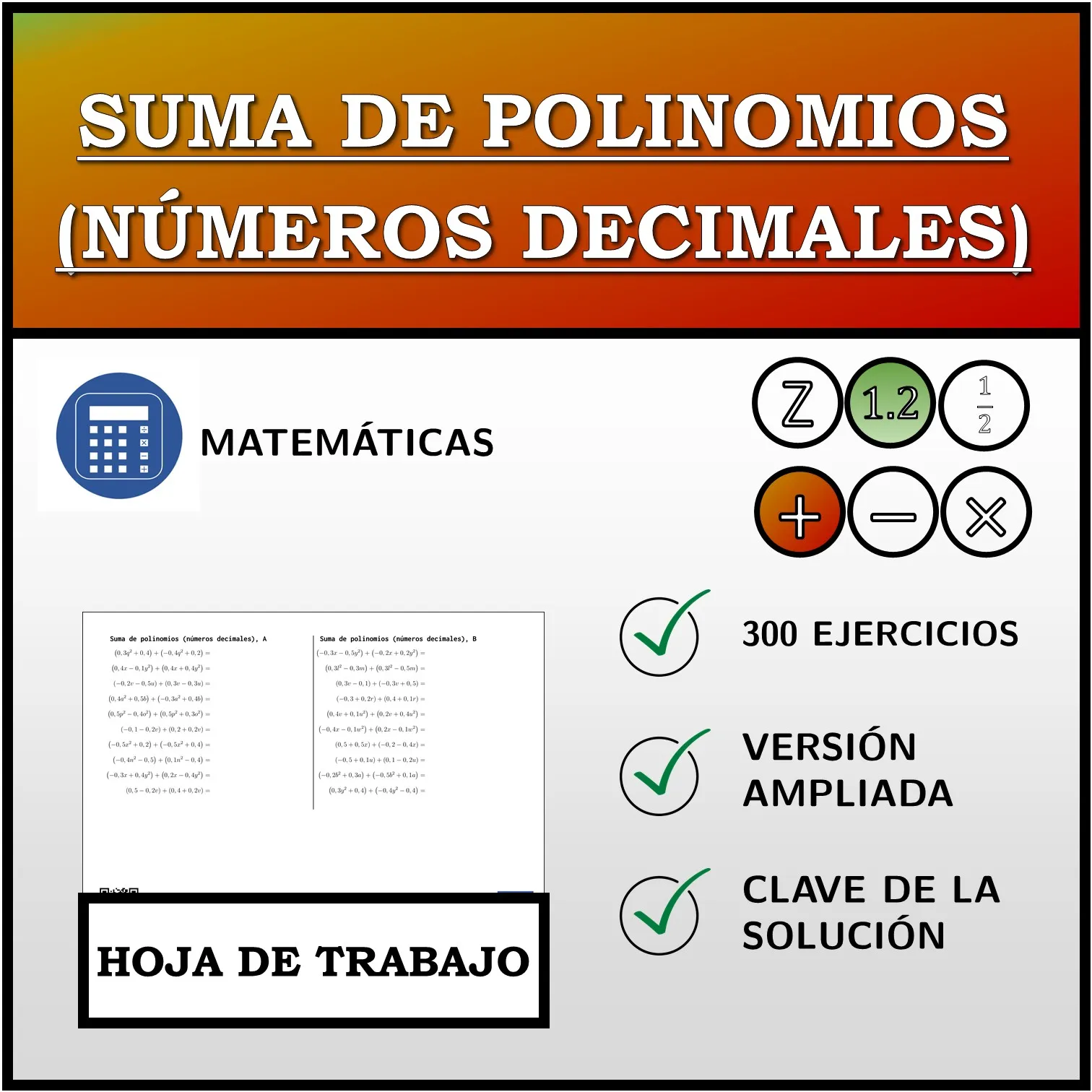 Hoja de trabajo: Suma de polinomios (números decimales)