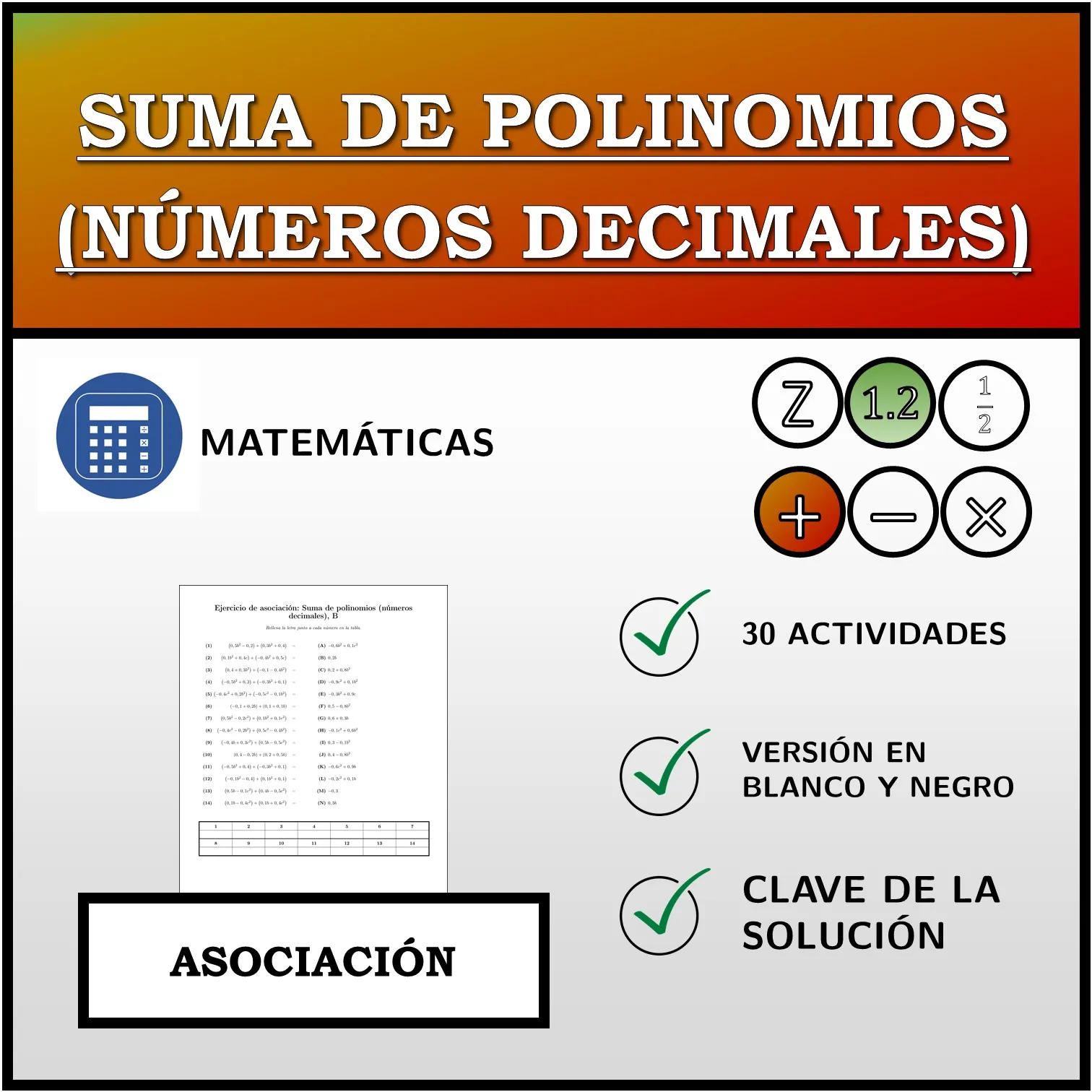 Ejercicio de asociación: Suma de polinomios (números decimales)