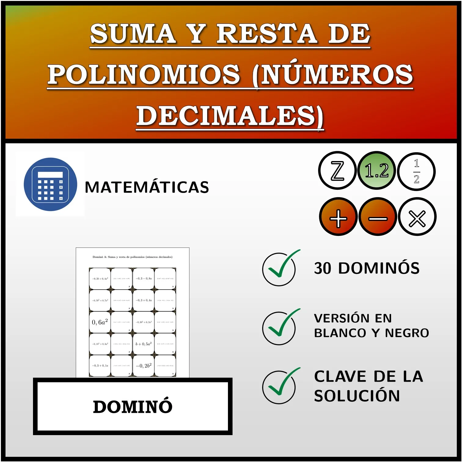 Dominó: Suma y resta de polinomios (números decimales)