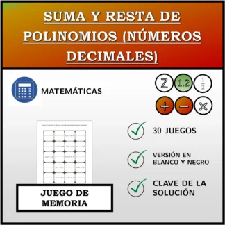 Juego de memoria: Suma y resta de polinomios (números decimales)