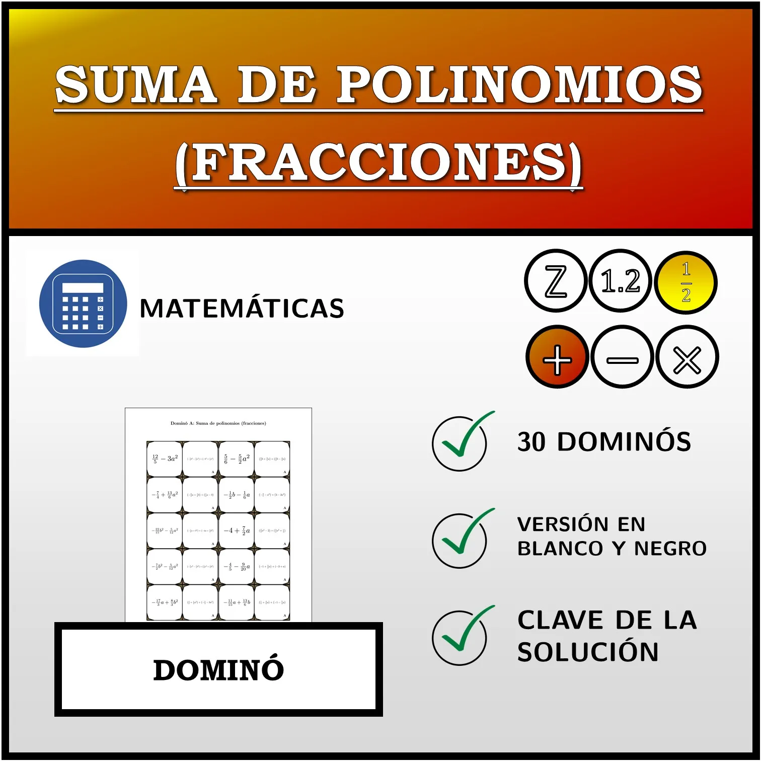 Dominó: Suma de polinomios (fracciones)