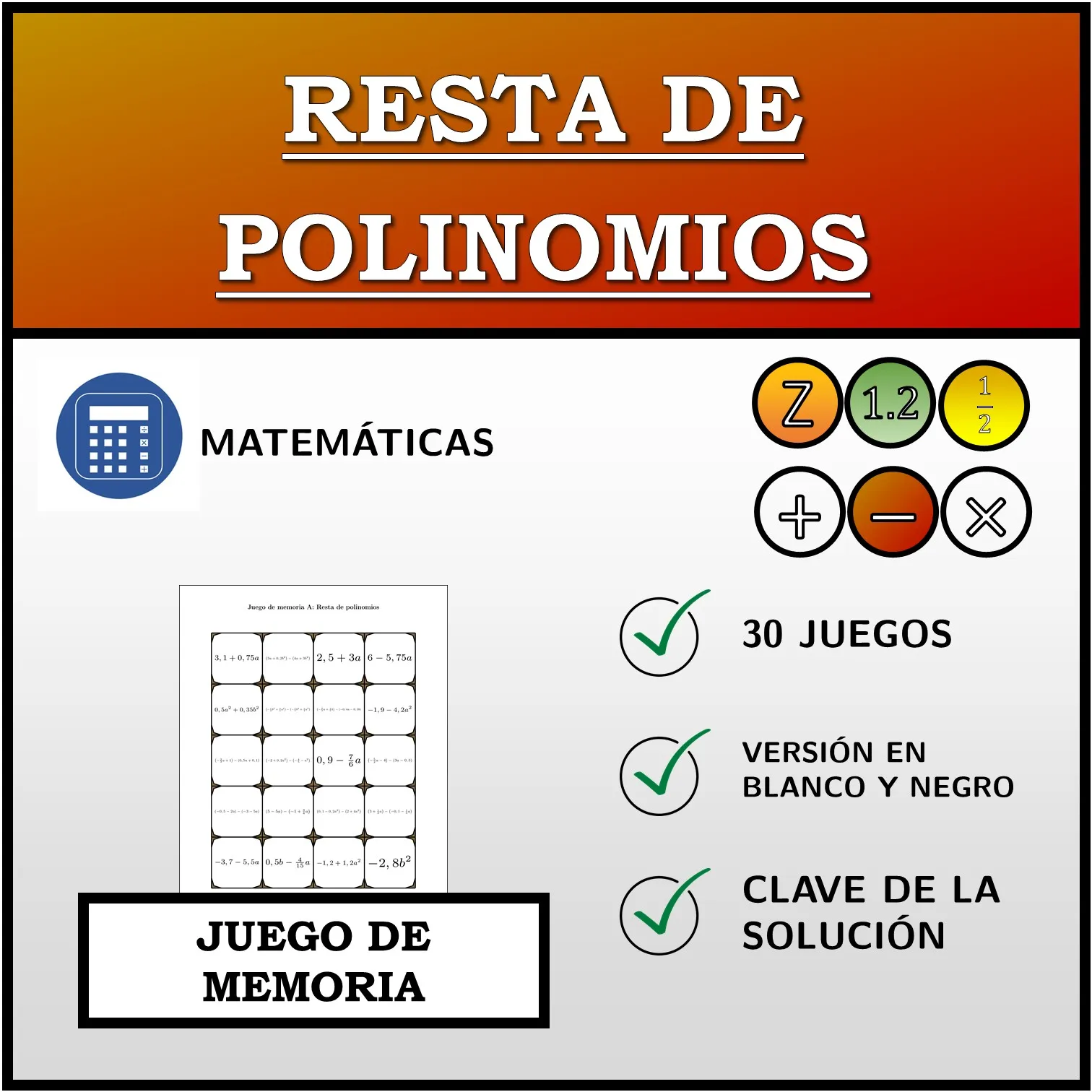 Juego de memoria: Resta de polinomios