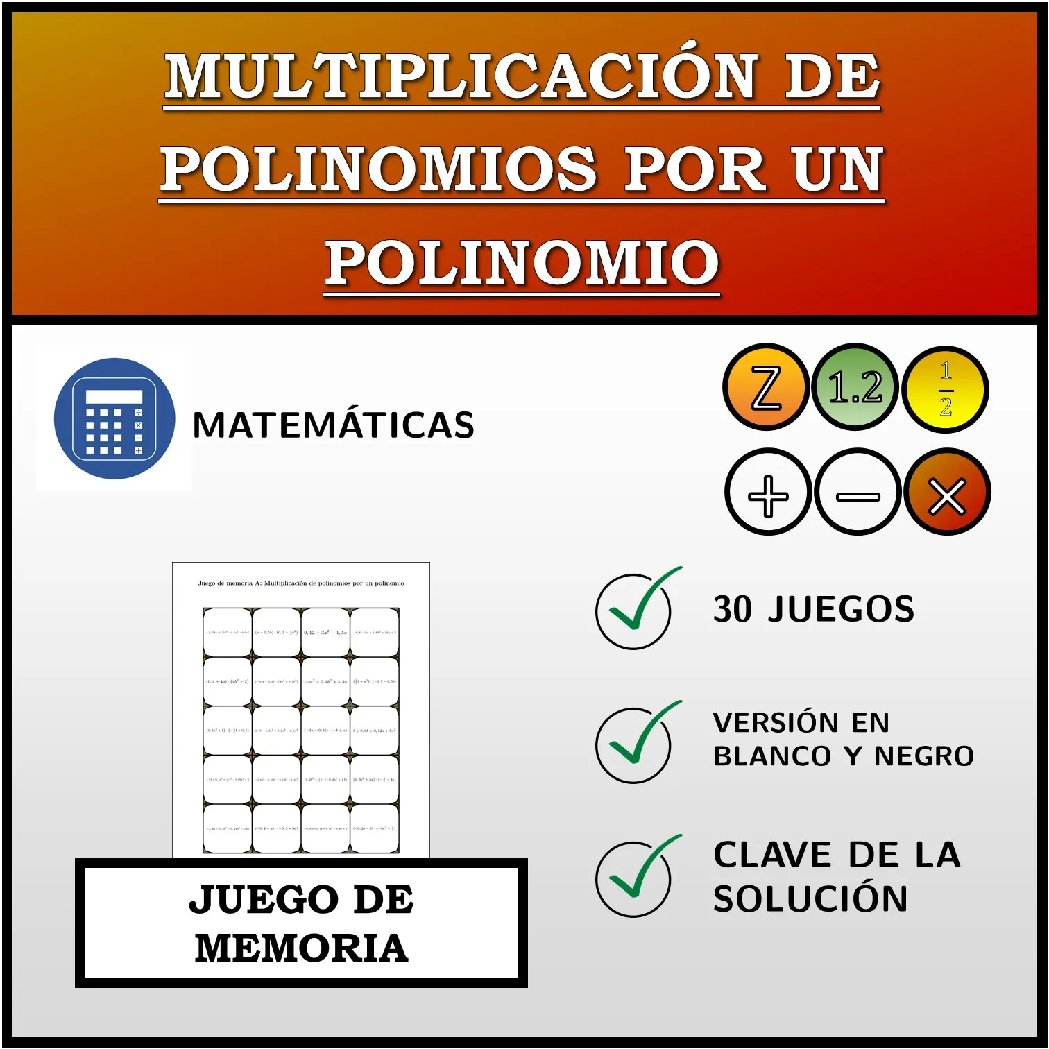 Juego de memoria: Multiplicación de polinomios por un polinomio