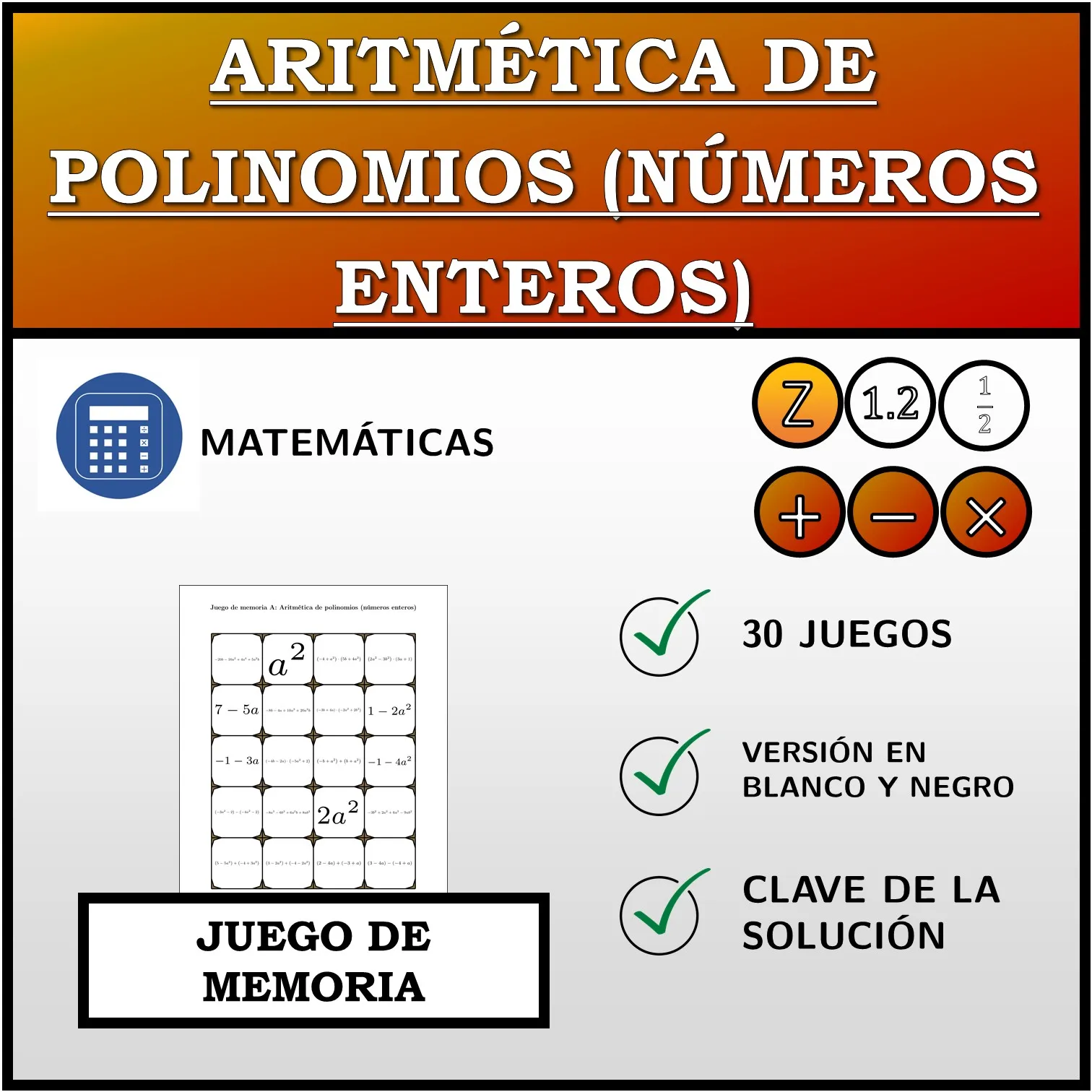 Juego de memoria: Aritmética de polinomios (números enteros)