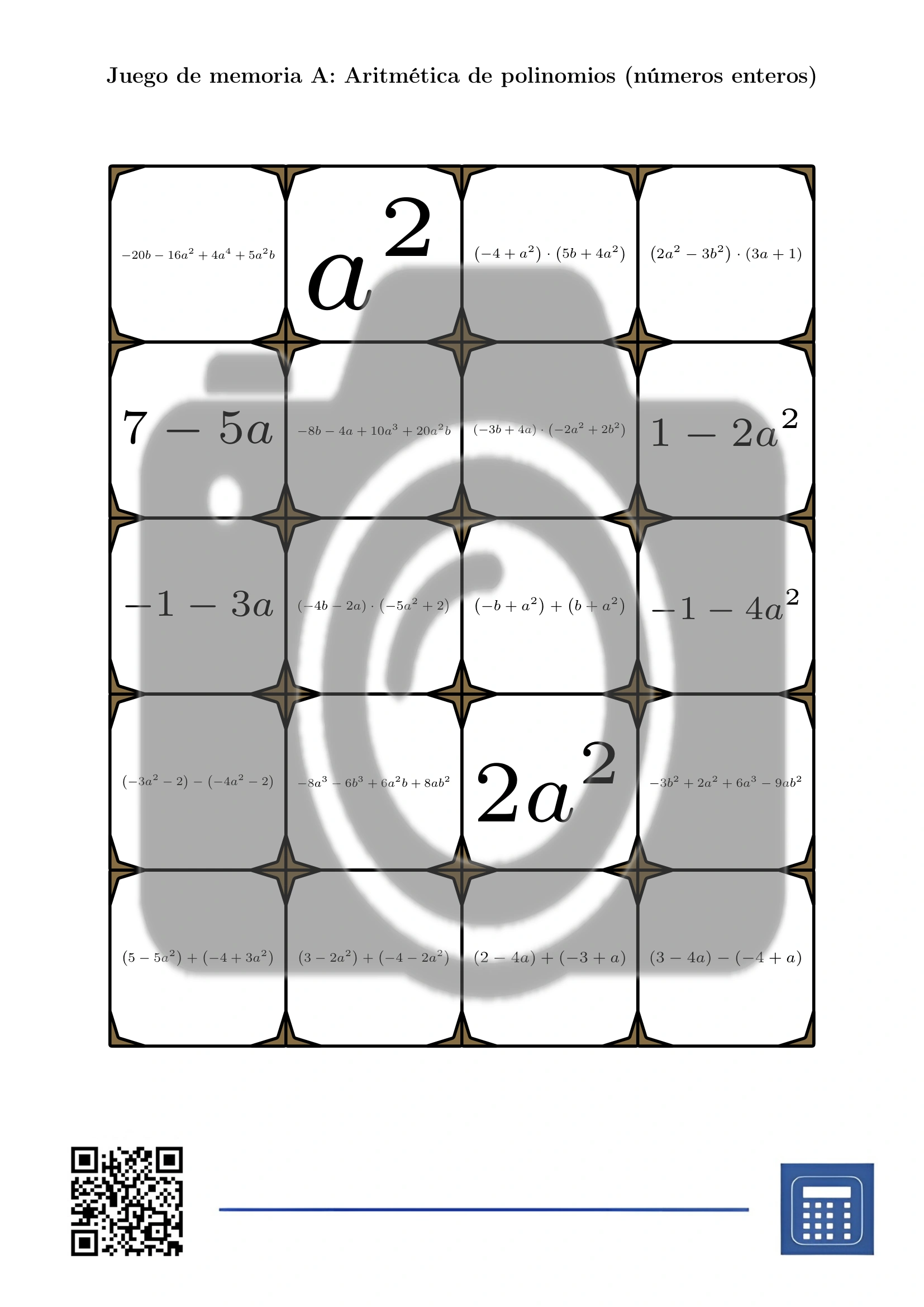 Juego de memoria: Aritmética de polinomios (números enteros) - Imagen 2