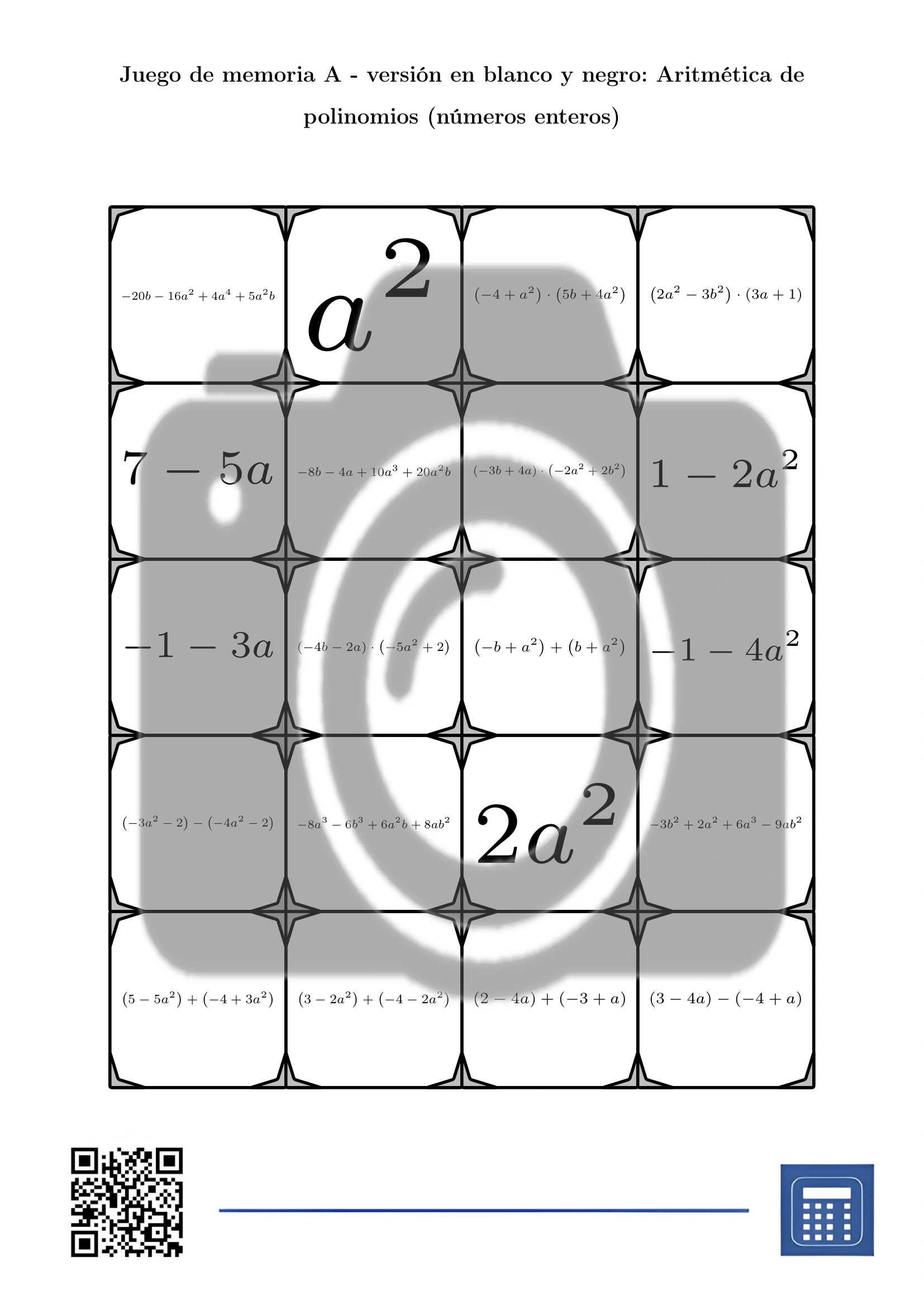 Juego de memoria: Aritmética de polinomios (números enteros) - Imagen 3