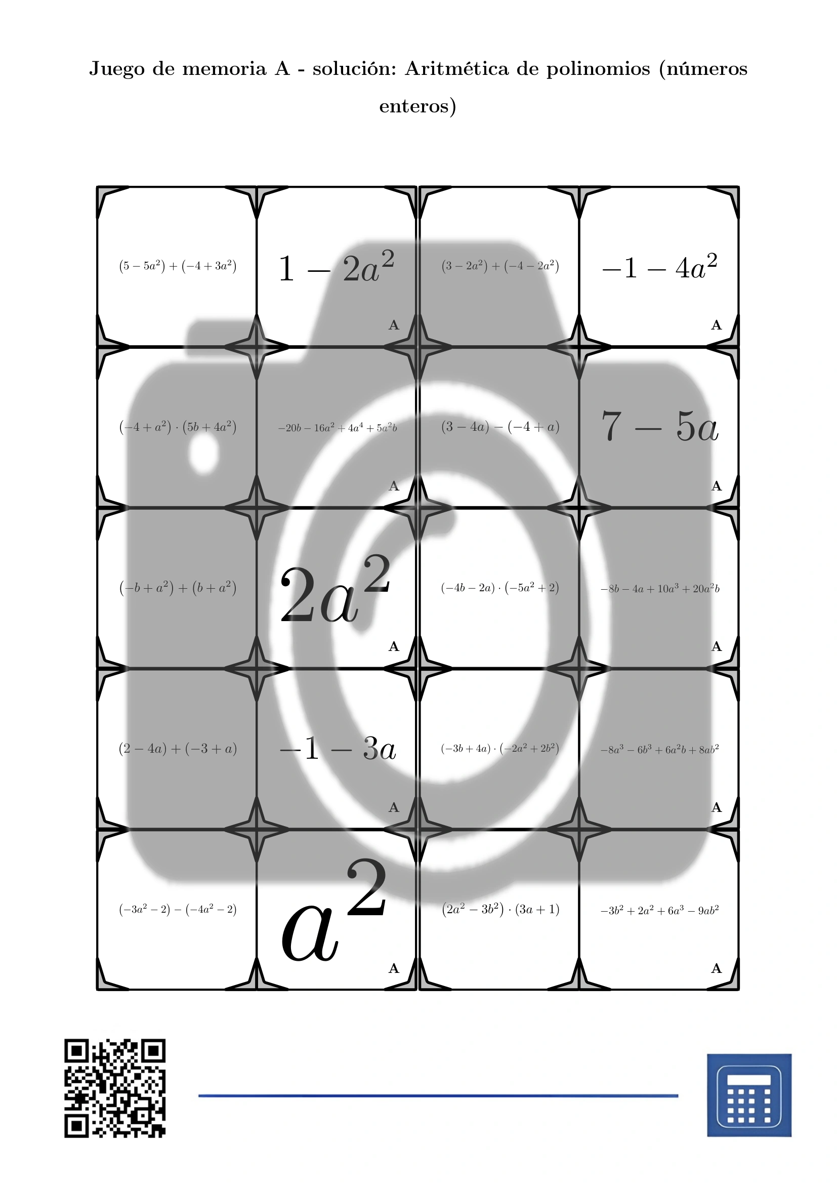 Juego de memoria: Aritmética de polinomios (números enteros) - Imagen 4