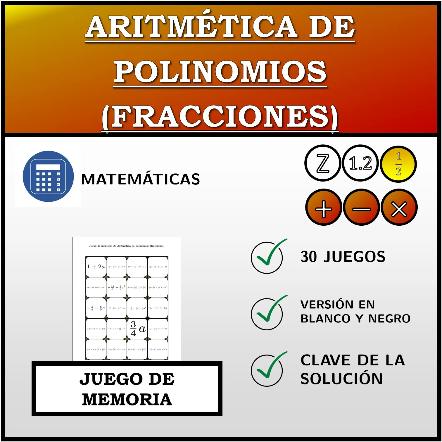 Juego de memoria: Aritmética de polinomios (fracciones)