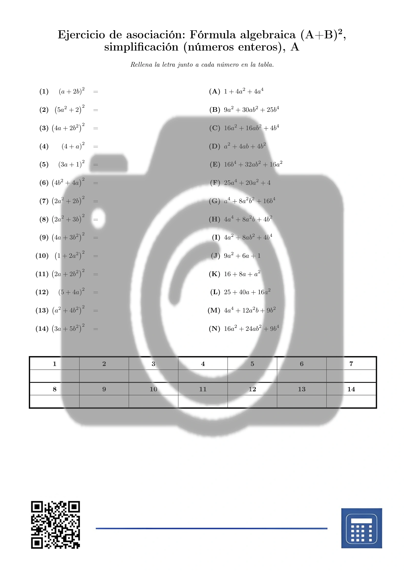 Ejercicio de asociación: Fórmula algebraica (A+B)², simplificación (números enteros) - Imagen 2