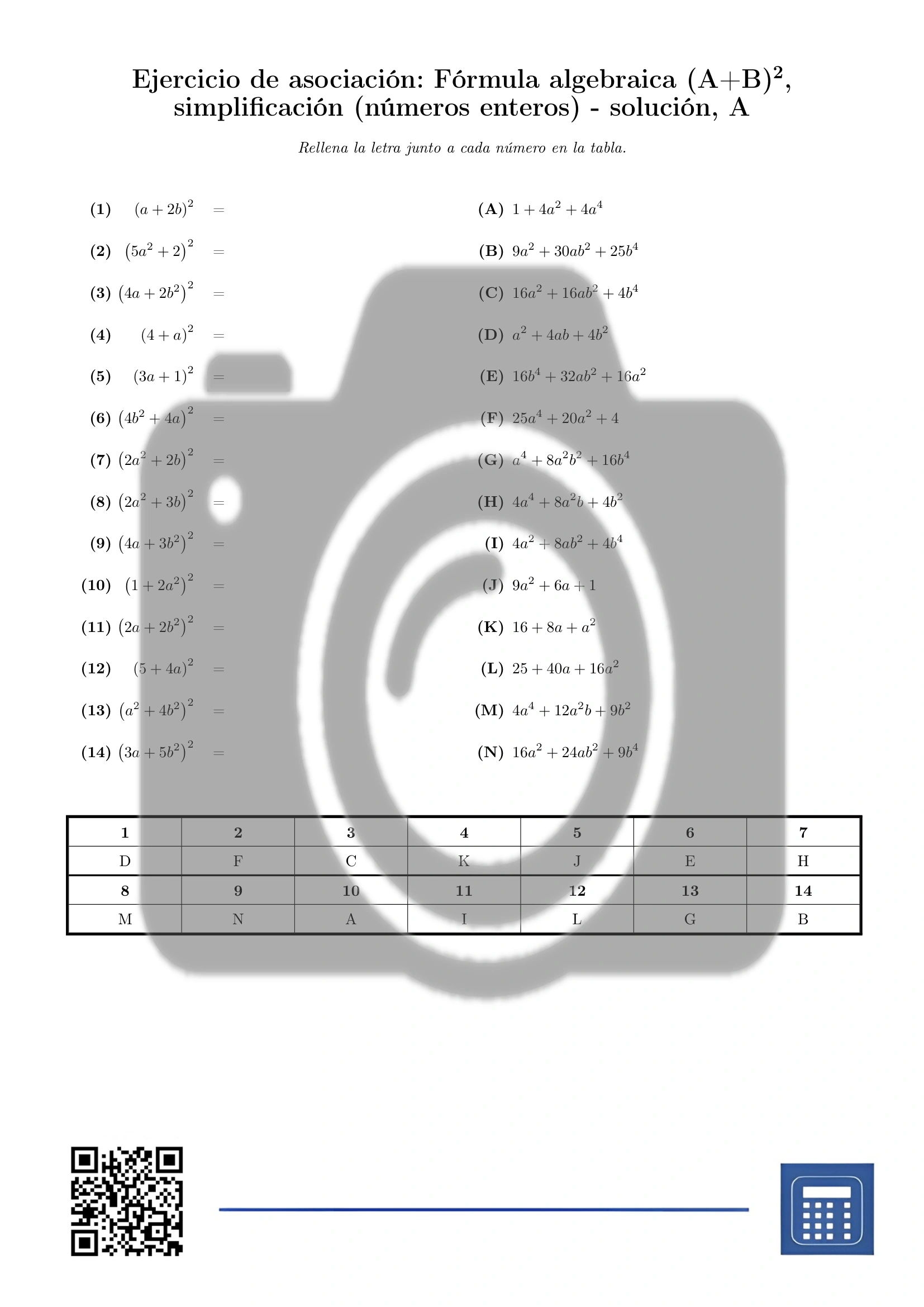 Ejercicio de asociación: Fórmula algebraica (A+B)², simplificación (números enteros) - Imagen 3