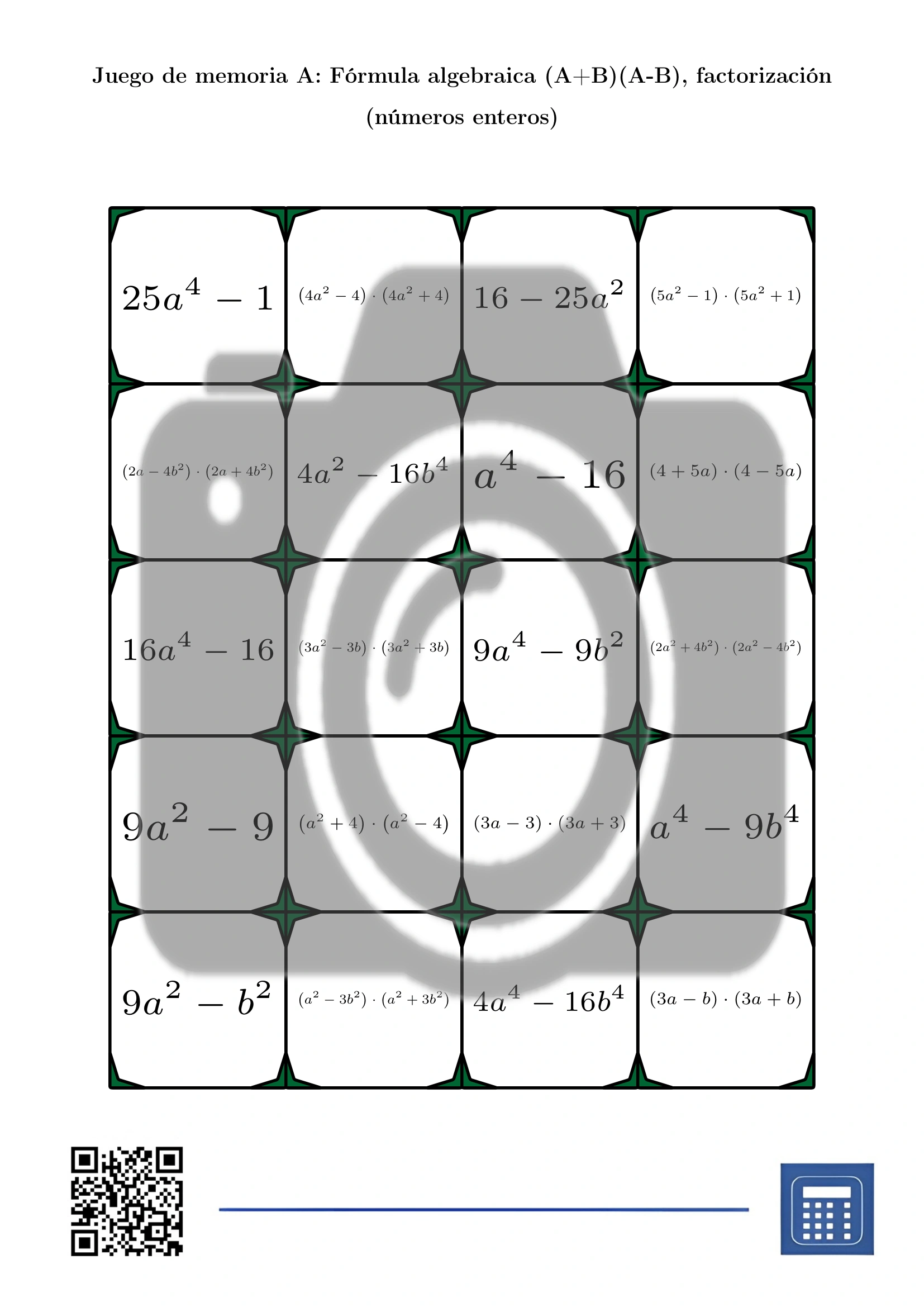 Juego de memoria: Fórmula algebraica (A+B)(A-B), factorización (números enteros) - Imagen 2