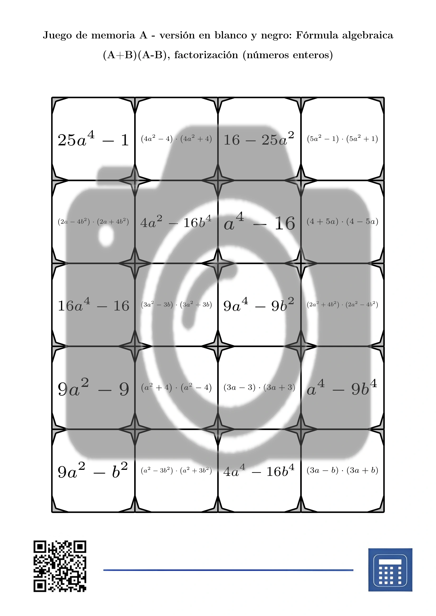 Juego de memoria: Fórmula algebraica (A+B)(A-B), factorización (números enteros) - Imagen 3