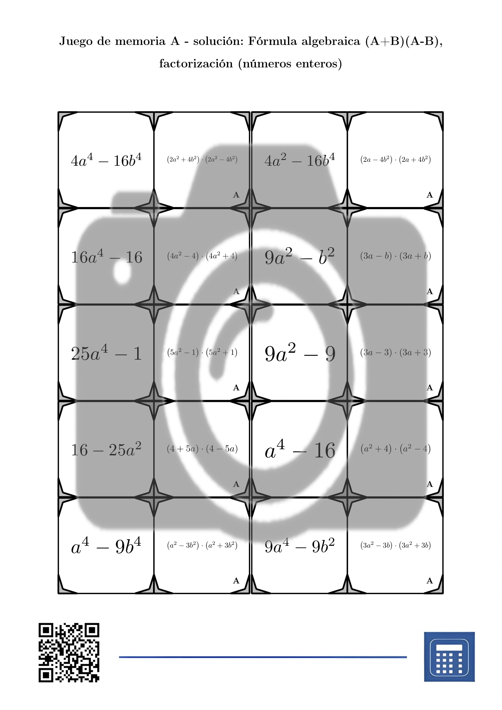 Juego de memoria: Fórmula algebraica (A+B)(A-B), factorización (números enteros) - Imagen 4