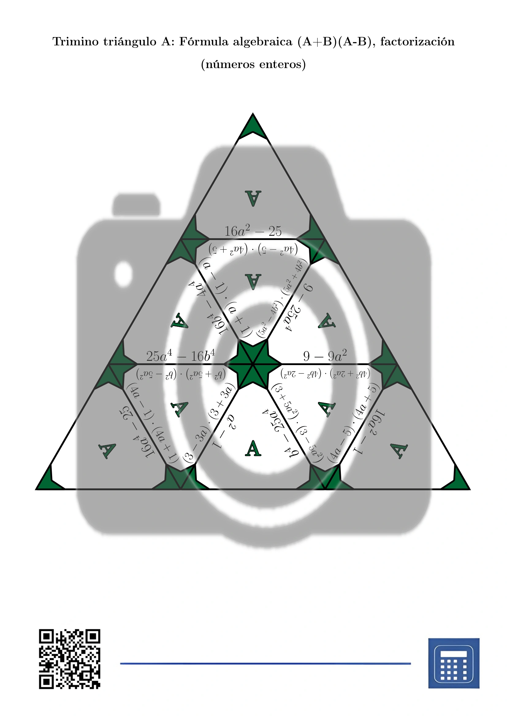 Trimino: Fórmula algebraica (A+B)(A-B), factorización (números enteros) - Imagen 2