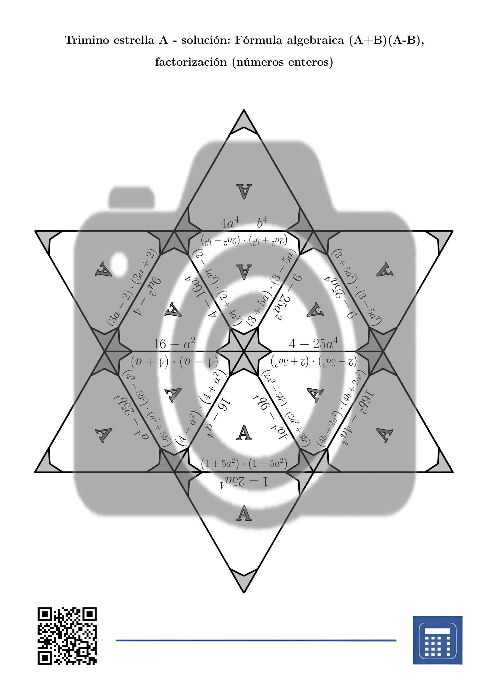 Trimino: Fórmula algebraica (A+B)(A-B), factorización (números enteros) - Imagen 7