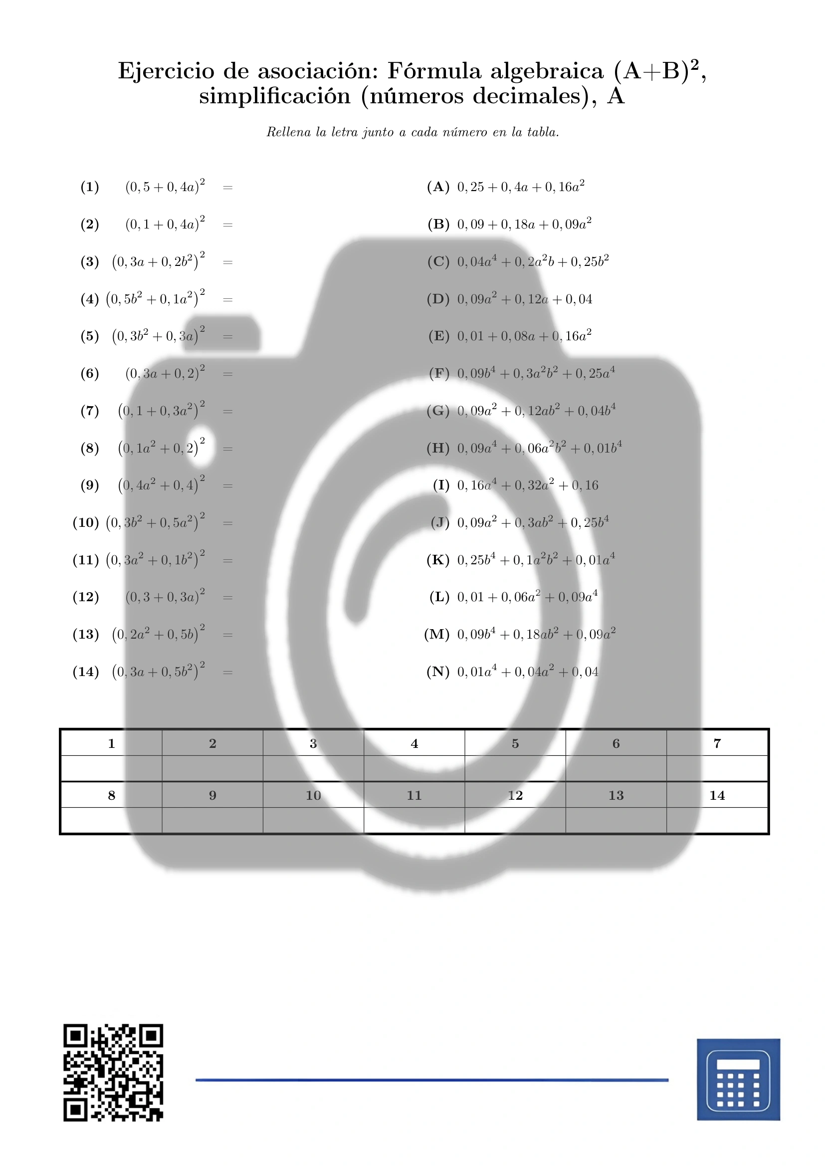 Ejercicio de asociación: Fórmula algebraica (A+B)², simplificación (números decimales) - Imagen 2