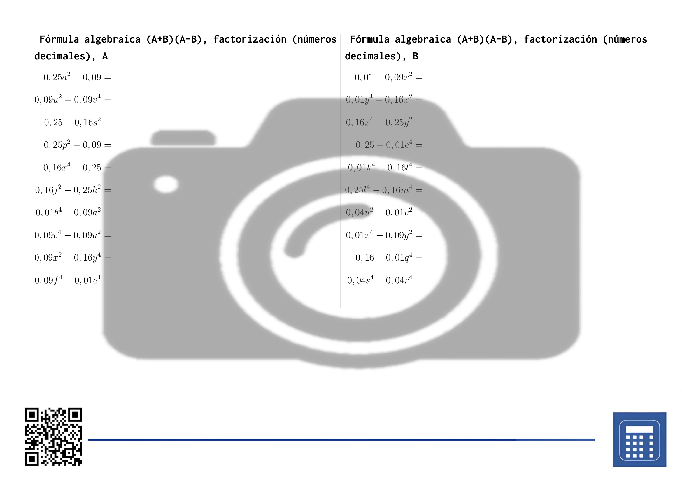 Hoja de trabajo: Fórmula algebraica (A+B)(A-B), factorización (números decimales) - Imagen 2