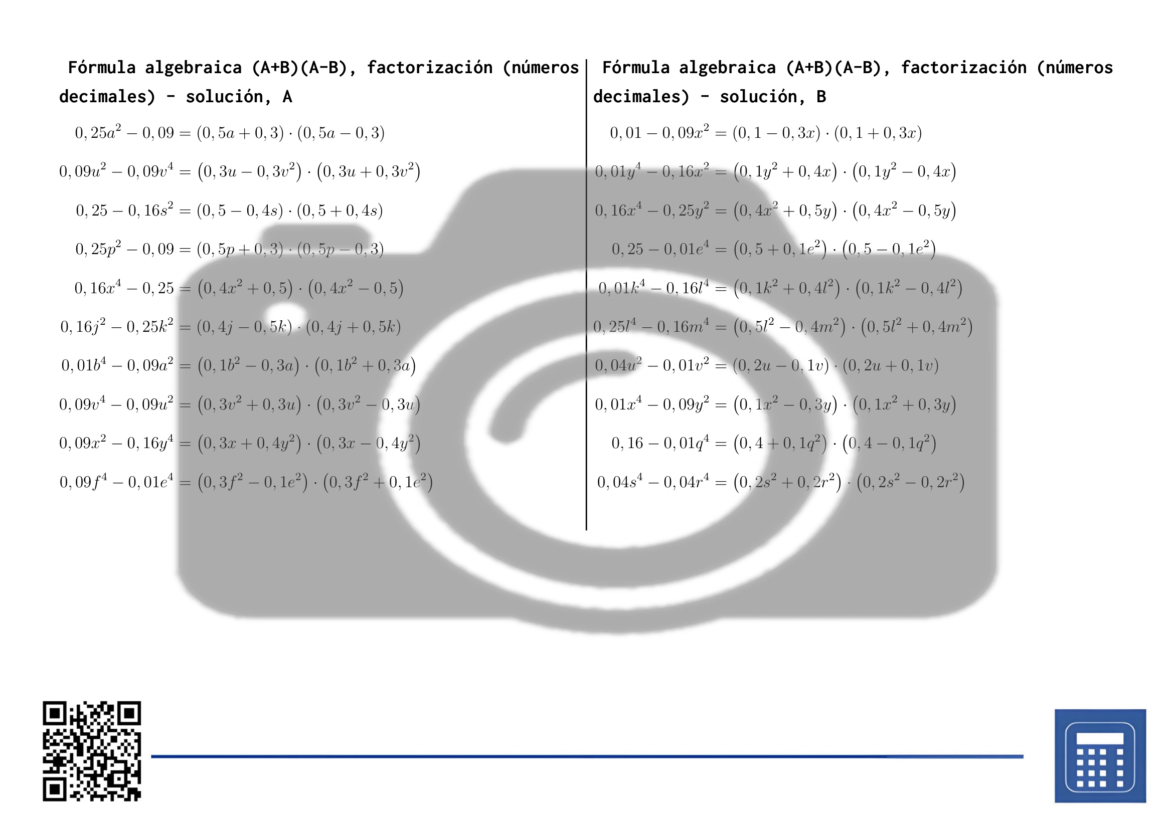 Hoja de trabajo: Fórmula algebraica (A+B)(A-B), factorización (números decimales) - Imagen 4