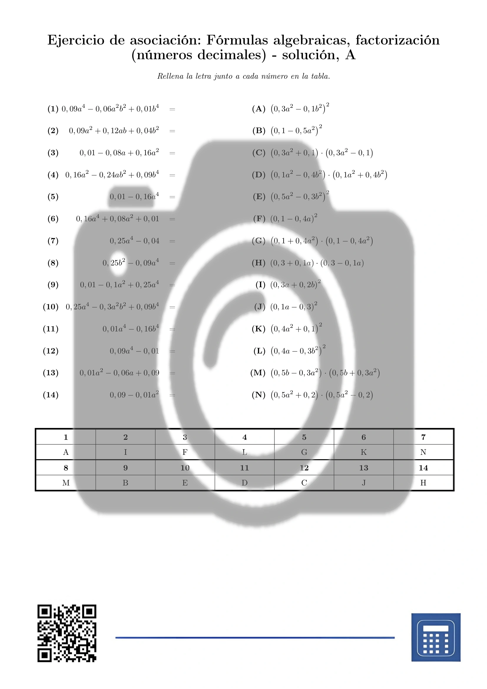 Ejercicio de asociación: Fórmulas algebraicas, factorización (números decimales) - Imagen 3
