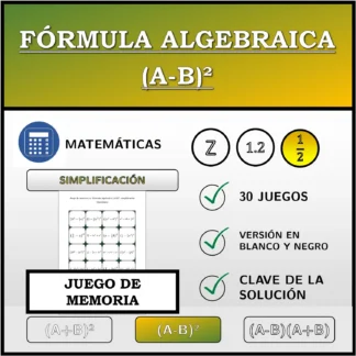 Juego de memoria: Fórmula algebraica (A-B)², simplificación (fracciones)