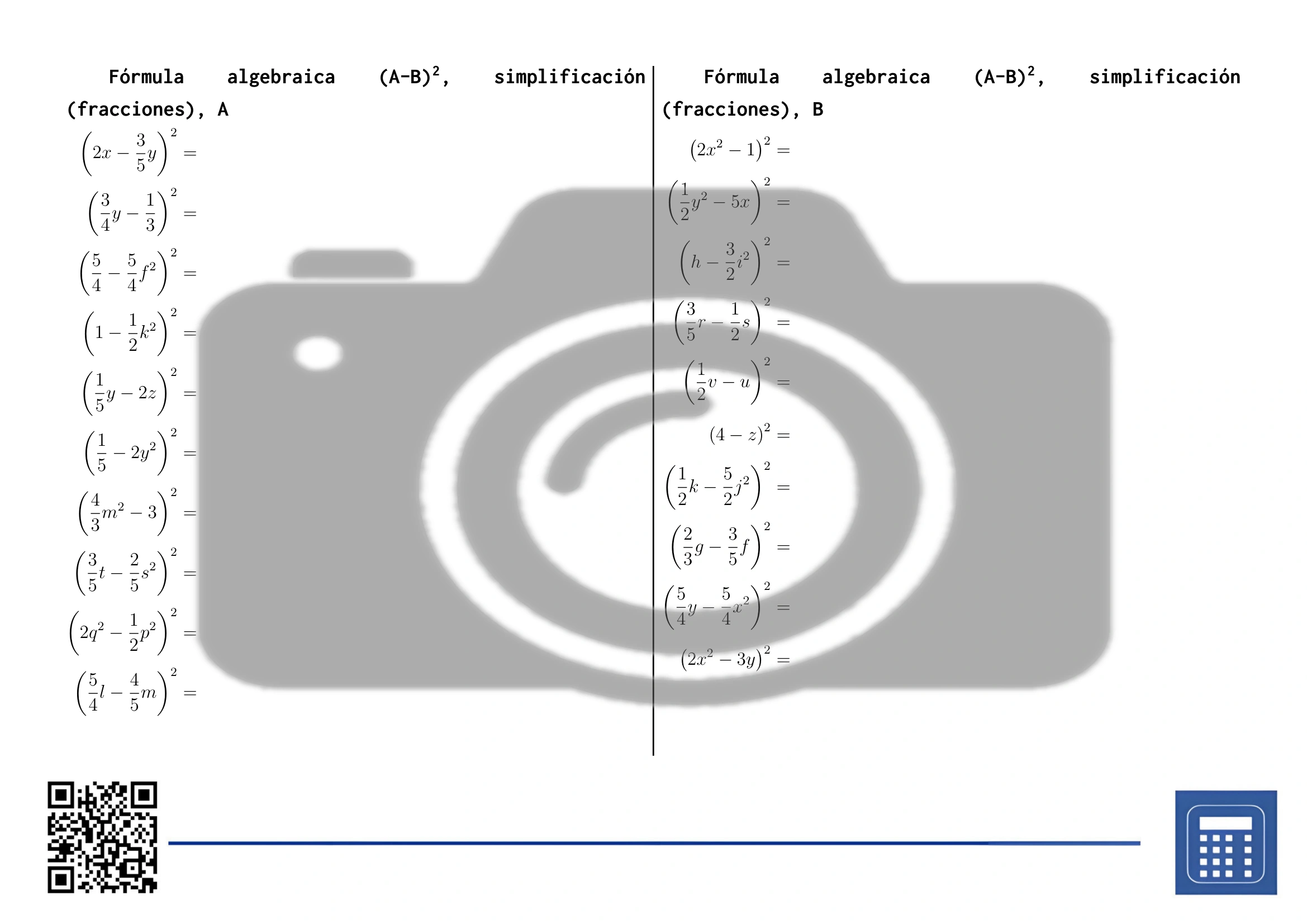 Hoja de trabajo: Fórmula algebraica (A-B)², simplificación (fracciones) - Imagen 2