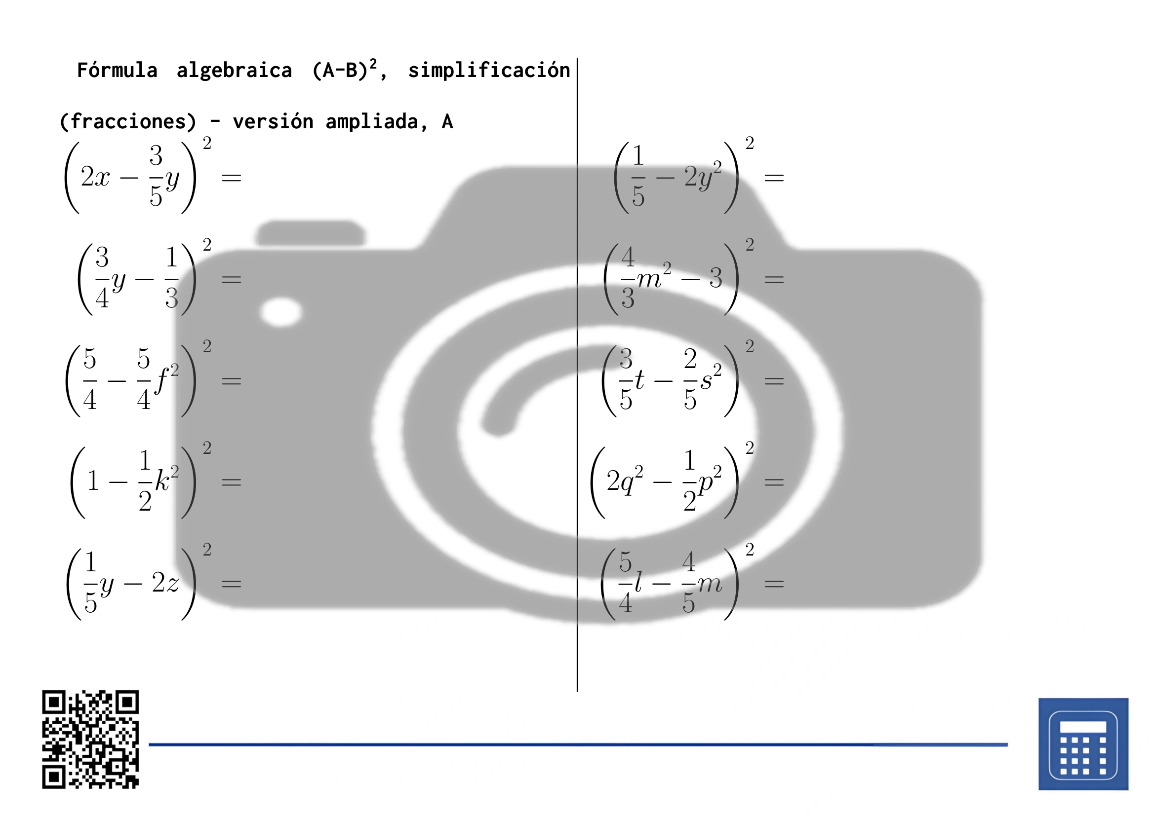 Hoja de trabajo: Fórmula algebraica (A-B)², simplificación (fracciones) - Imagen 3