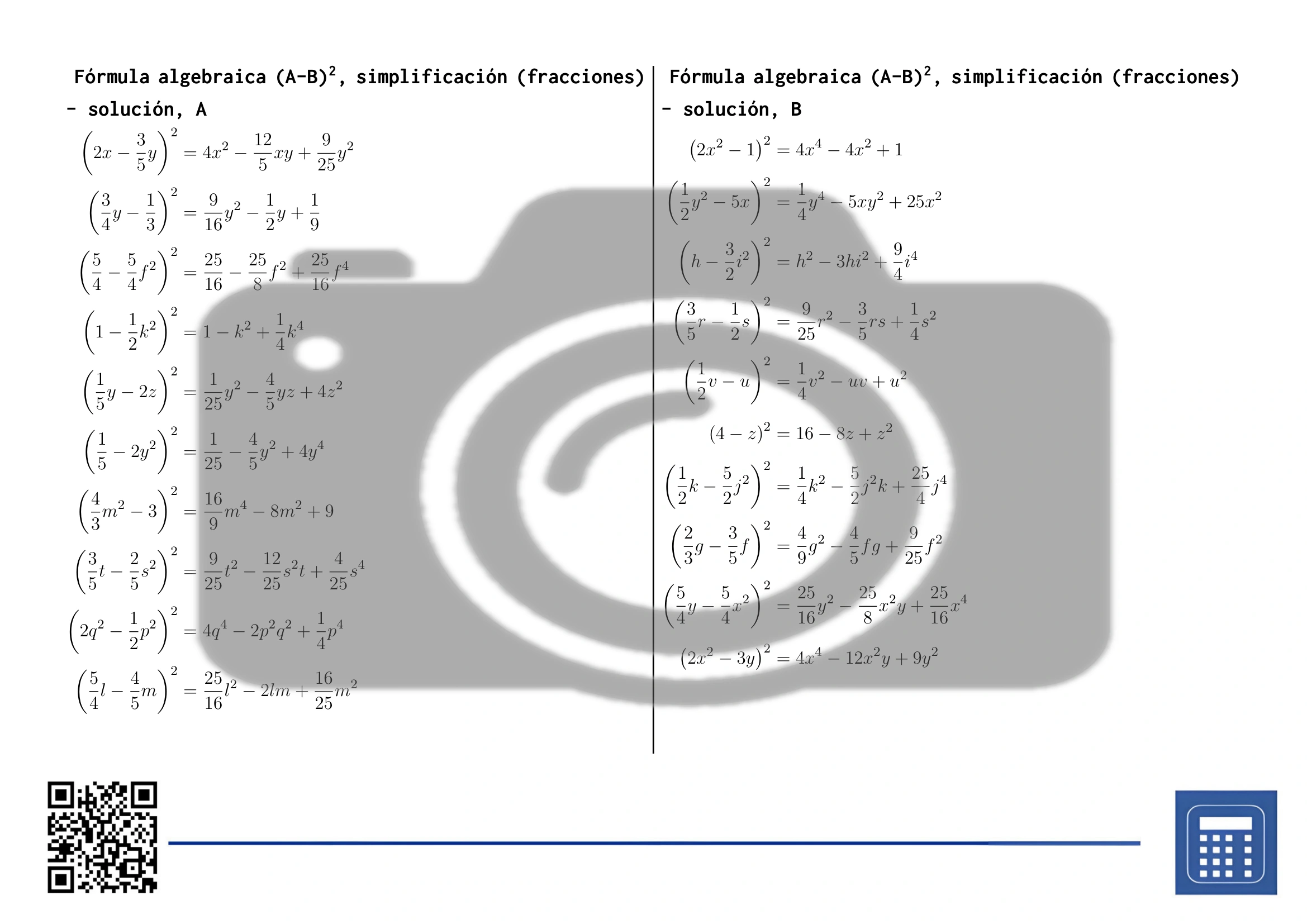 Hoja de trabajo: Fórmula algebraica (A-B)², simplificación (fracciones) - Imagen 4