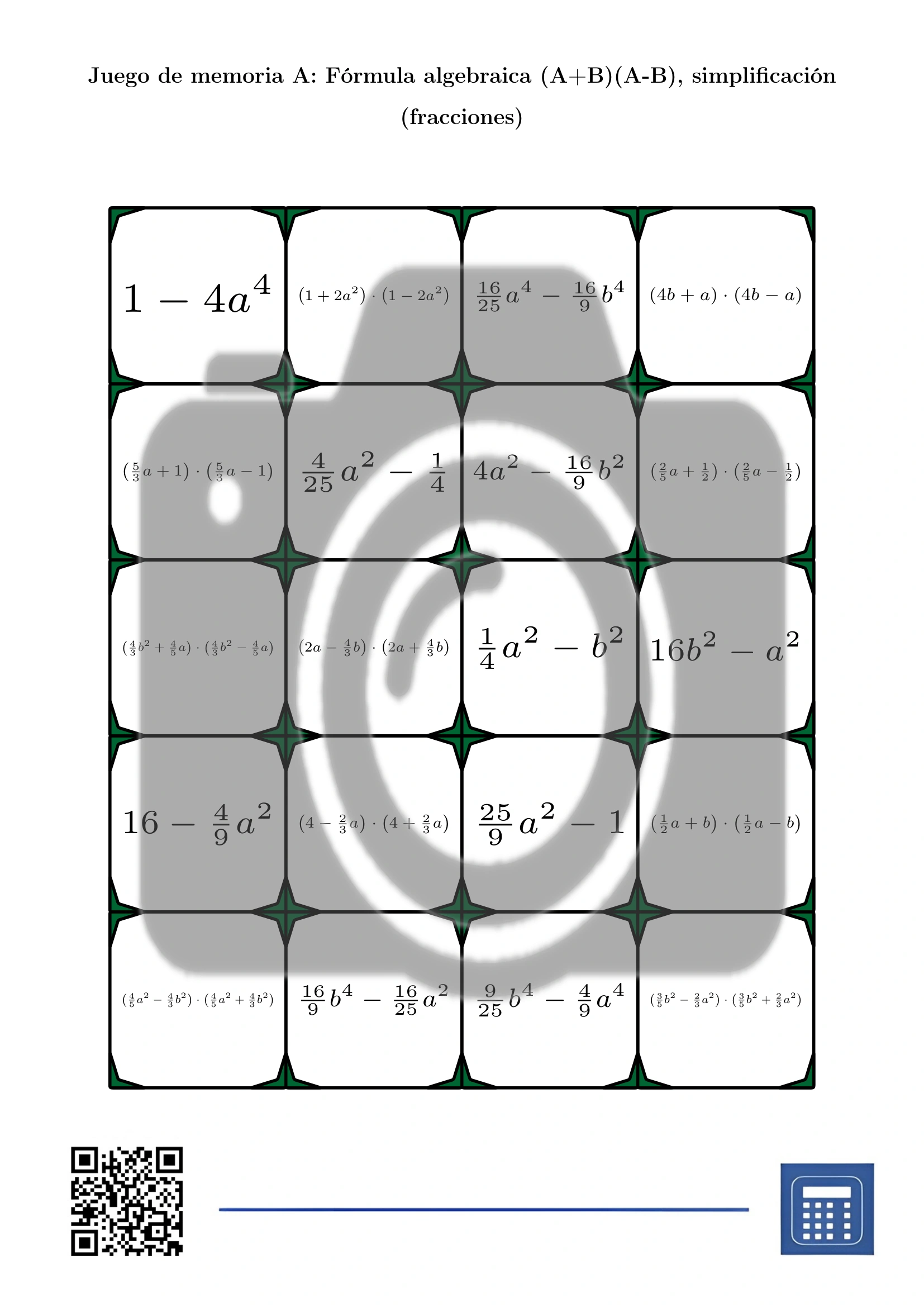 Juego de memoria: Fórmula algebraica (A+B)(A-B), simplificación (fracciones) - Imagen 2