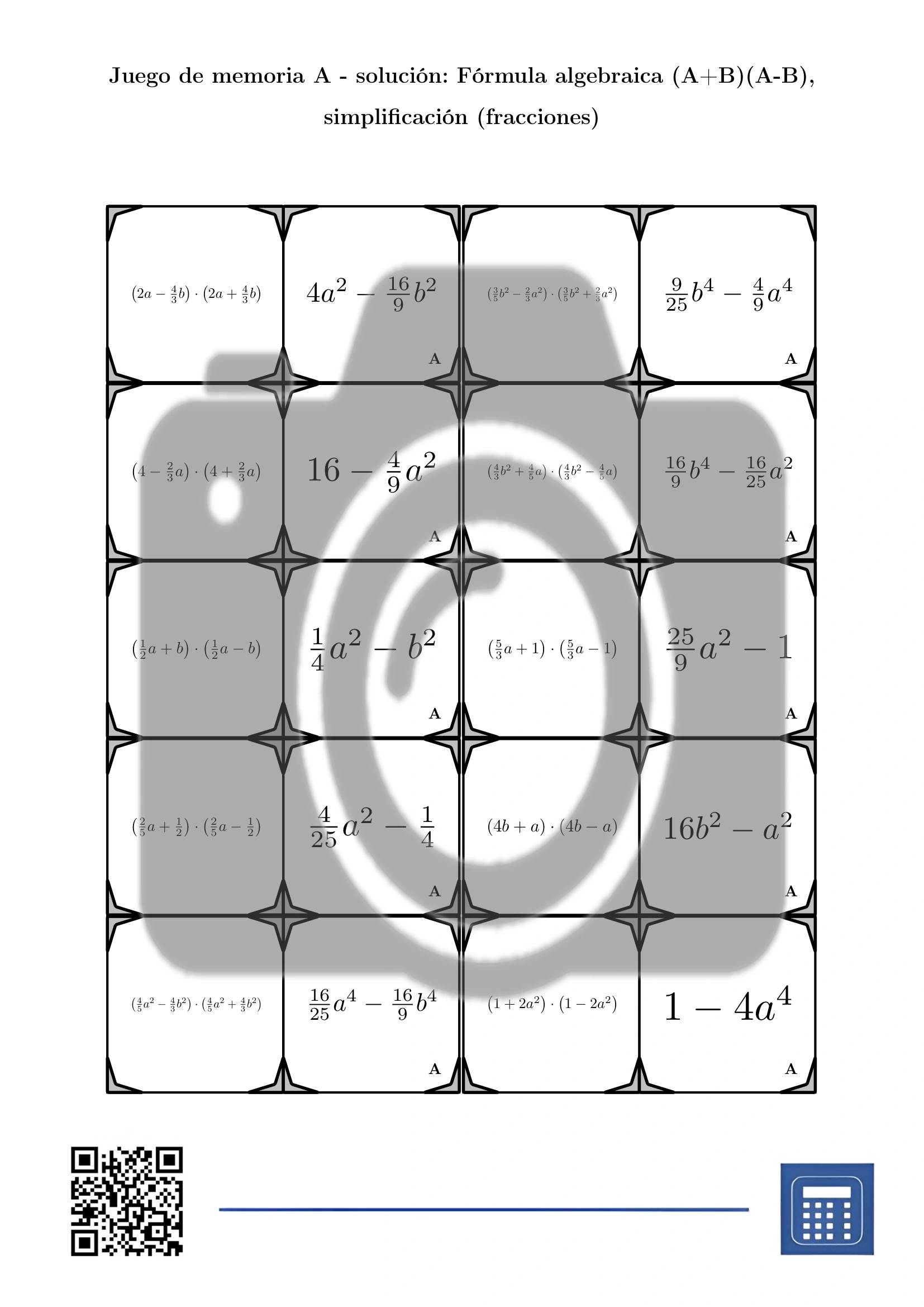 Juego de memoria: Fórmula algebraica (A+B)(A-B), simplificación (fracciones) - Imagen 4