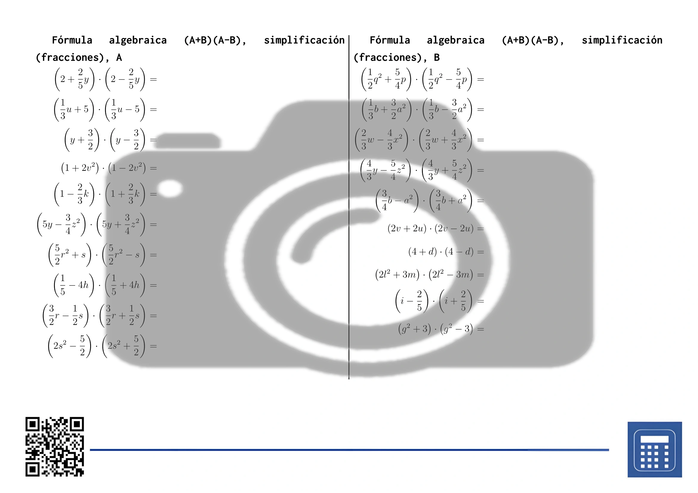 Hoja de trabajo: Fórmula algebraica (A+B)(A-B), simplificación (fracciones) - Imagen 2