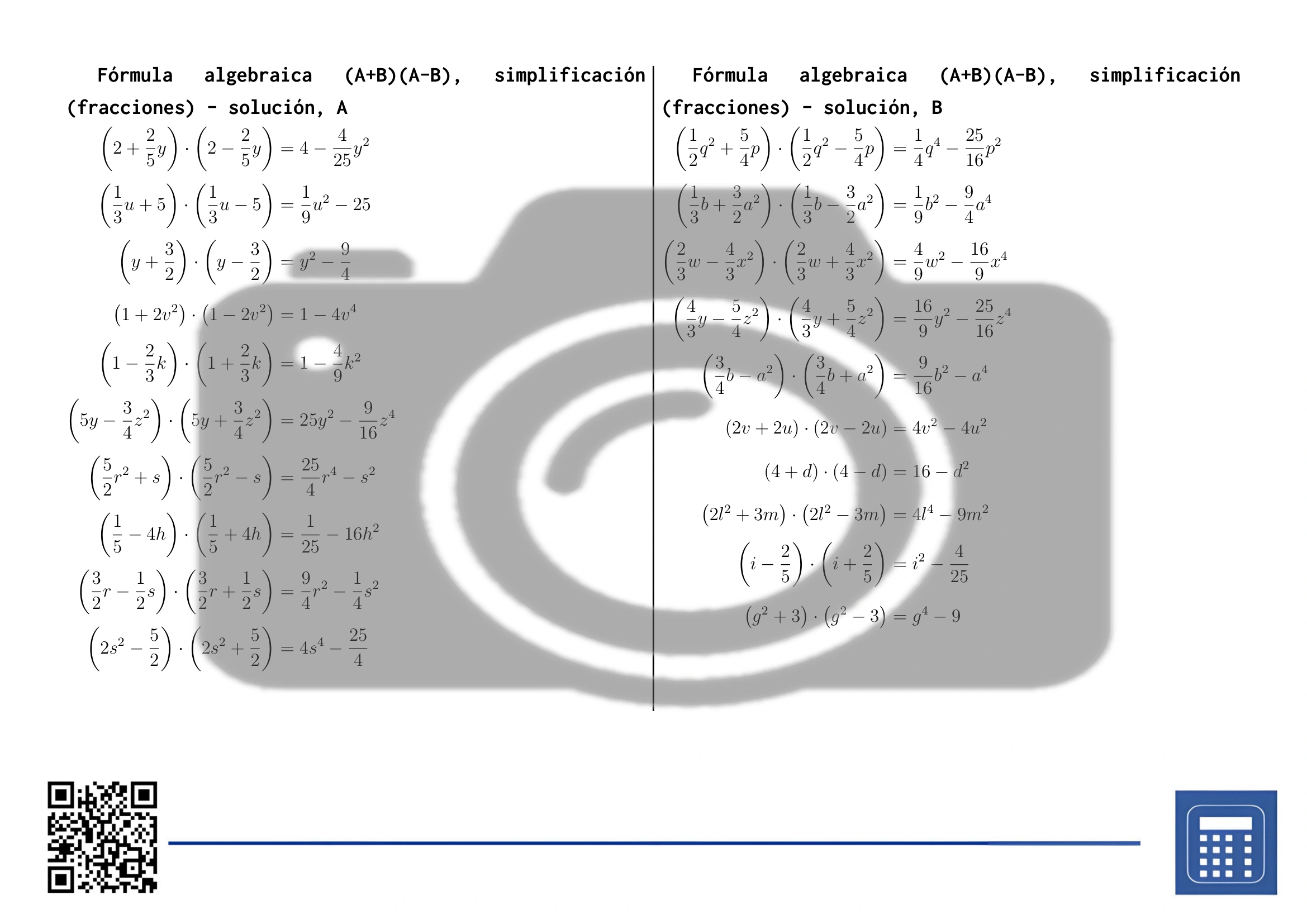 Hoja de trabajo: Fórmula algebraica (A+B)(A-B), simplificación (fracciones) - Imagen 4