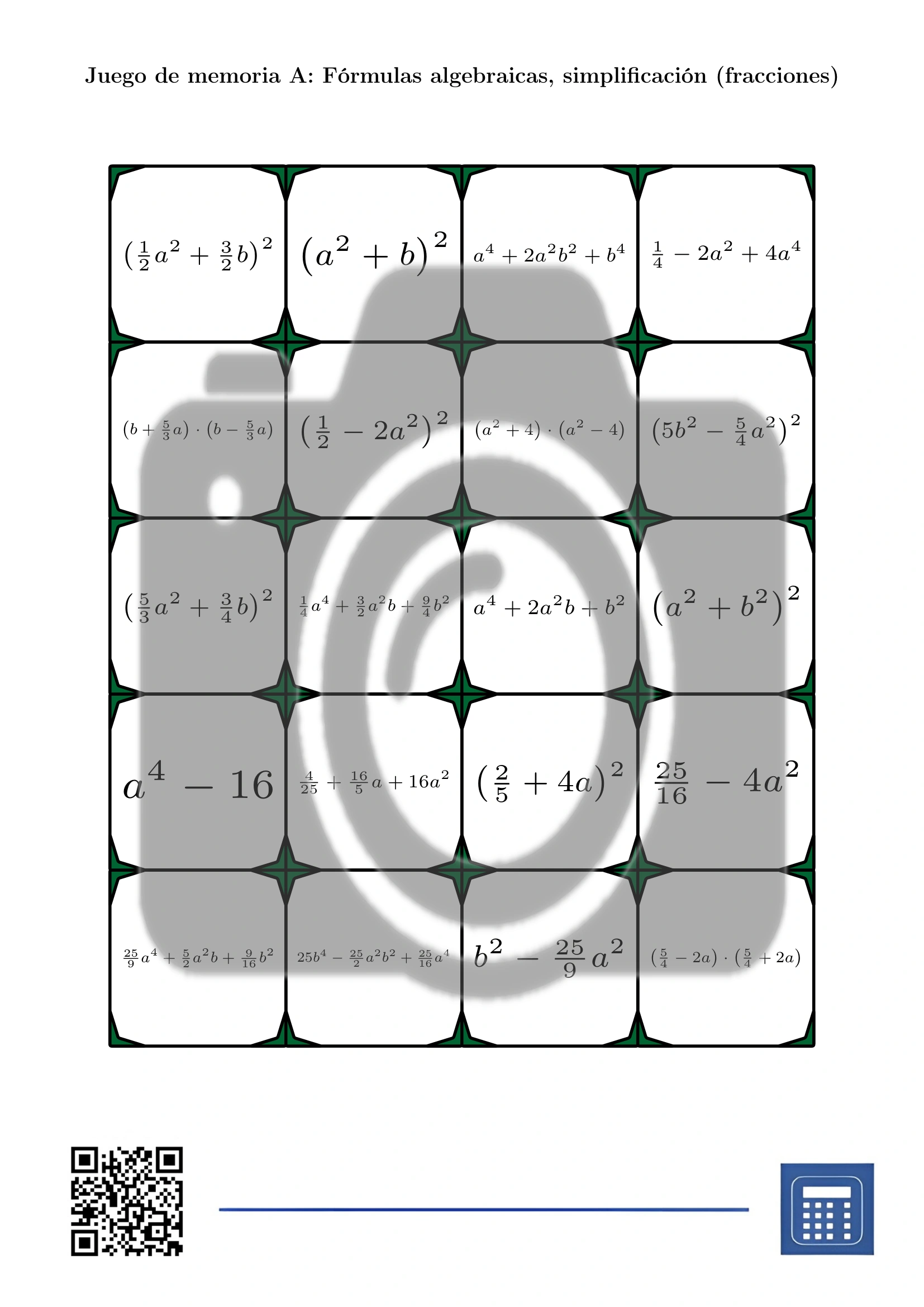 Juego de memoria: Fórmulas algebraicas, simplificación (fracciones) - Imagen 2