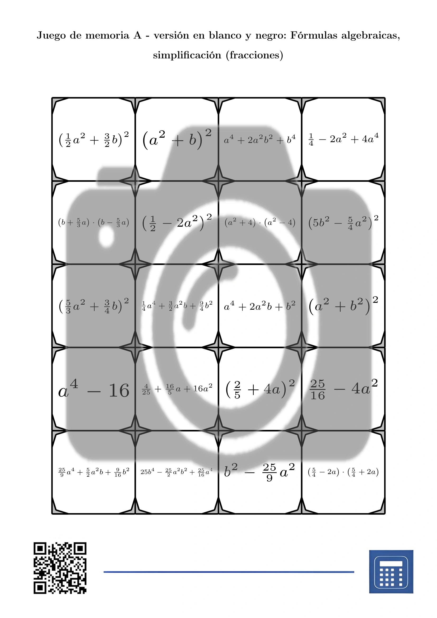 Juego de memoria: Fórmulas algebraicas, simplificación (fracciones) - Imagen 3
