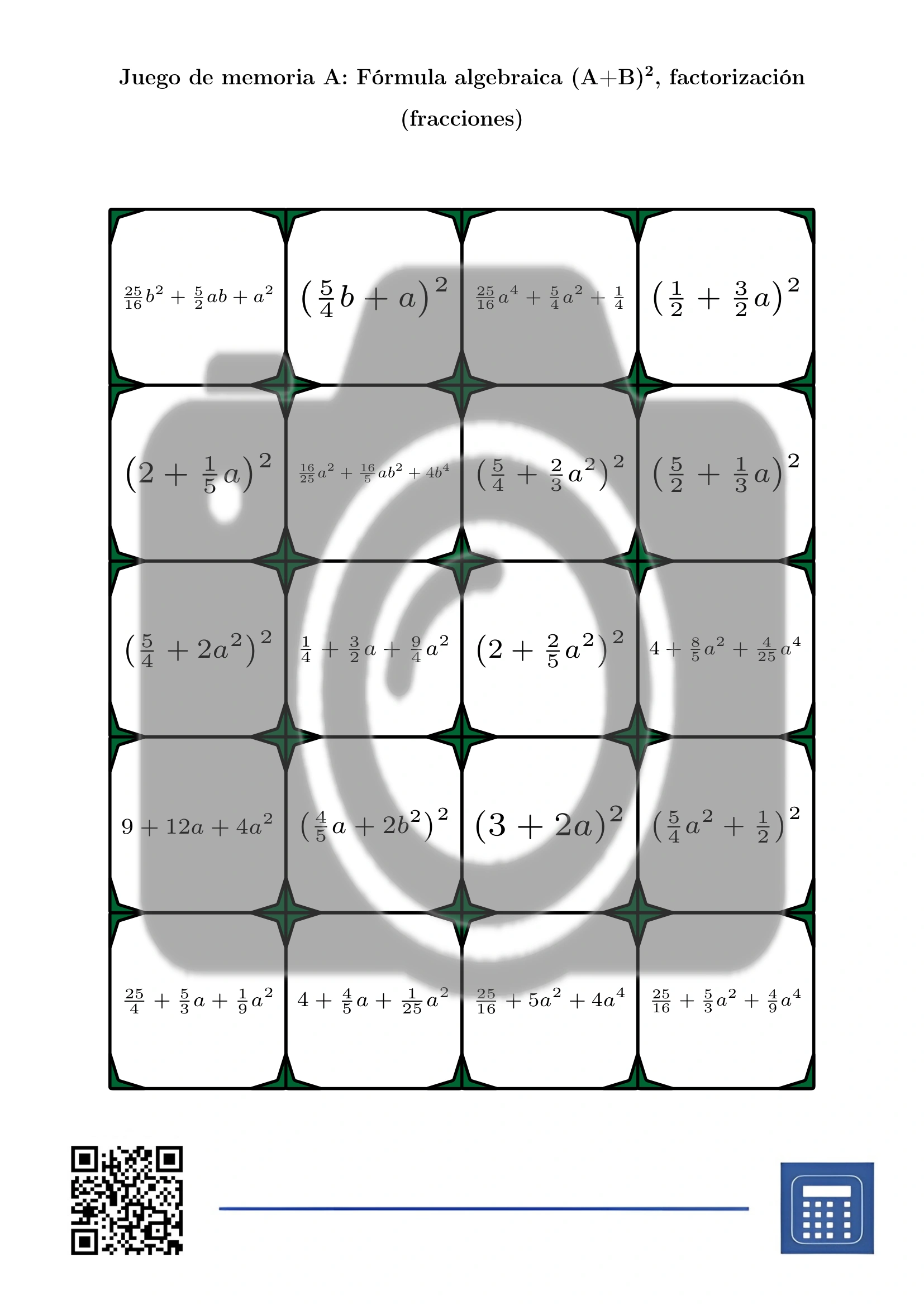 Juego de memoria: Fórmula algebraica (A+B)², factorización (fracciones) - Imagen 2