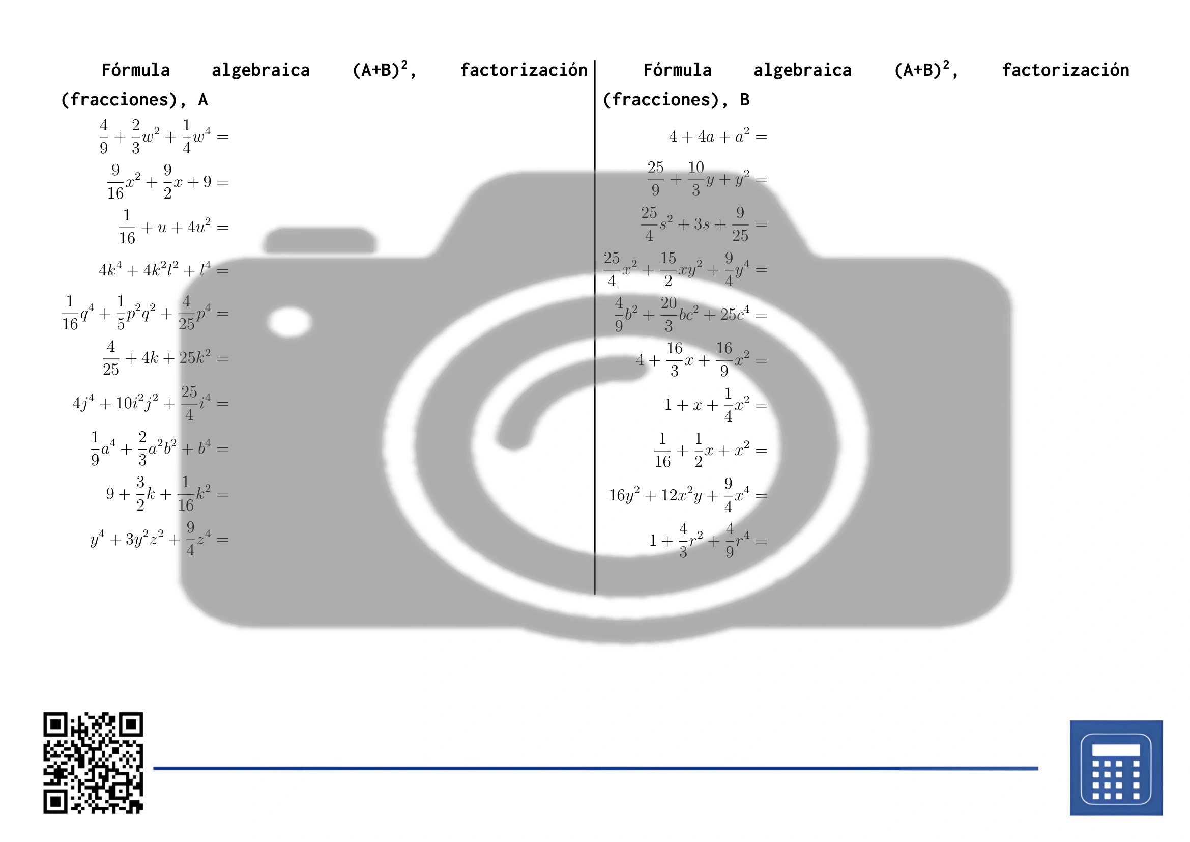 Hoja de trabajo: Fórmula algebraica (A+B)², factorización (fracciones) - Imagen 2