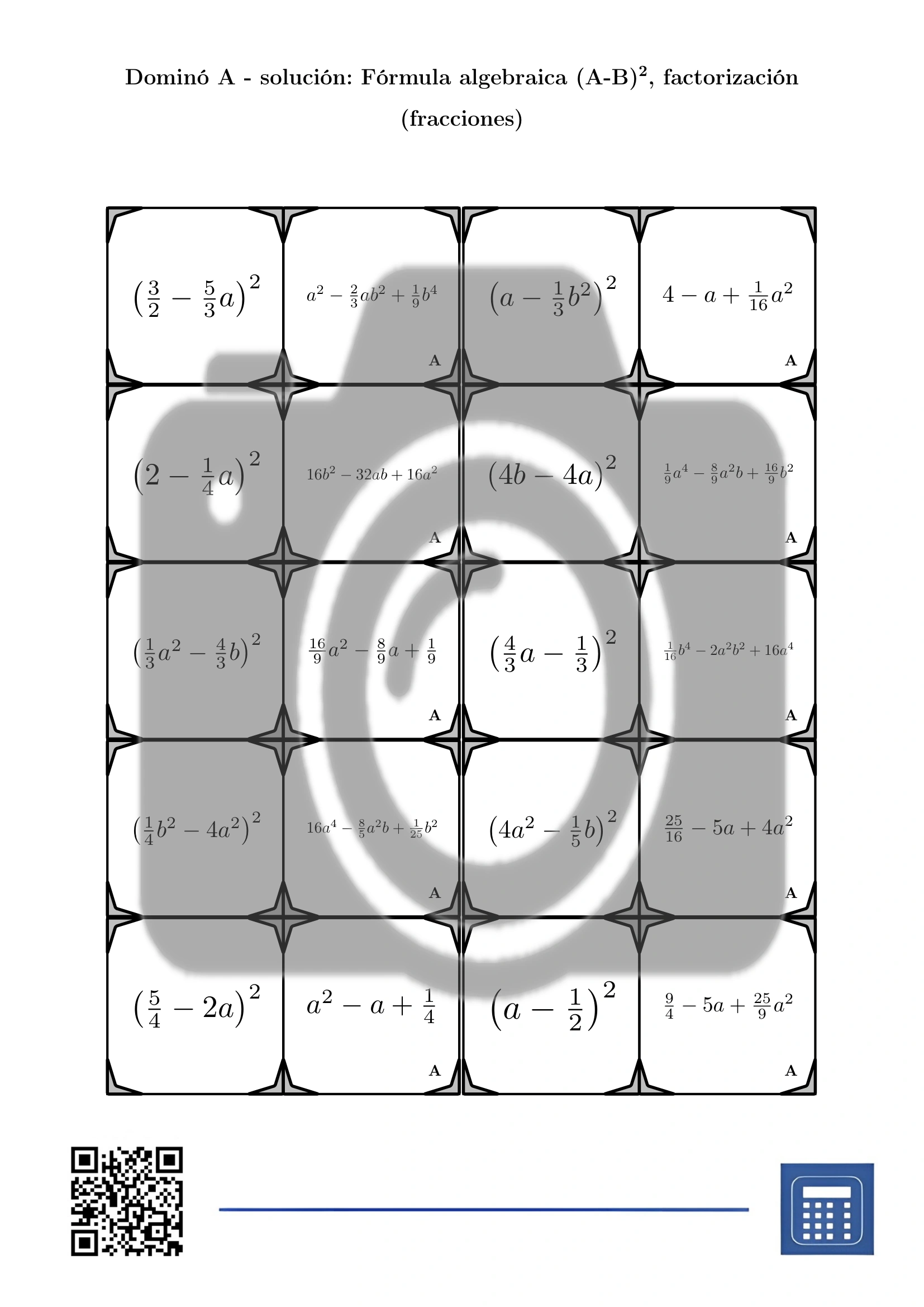 Dominó: Fórmula algebraica (A-B)², factorización (fracciones) - Imagen 4