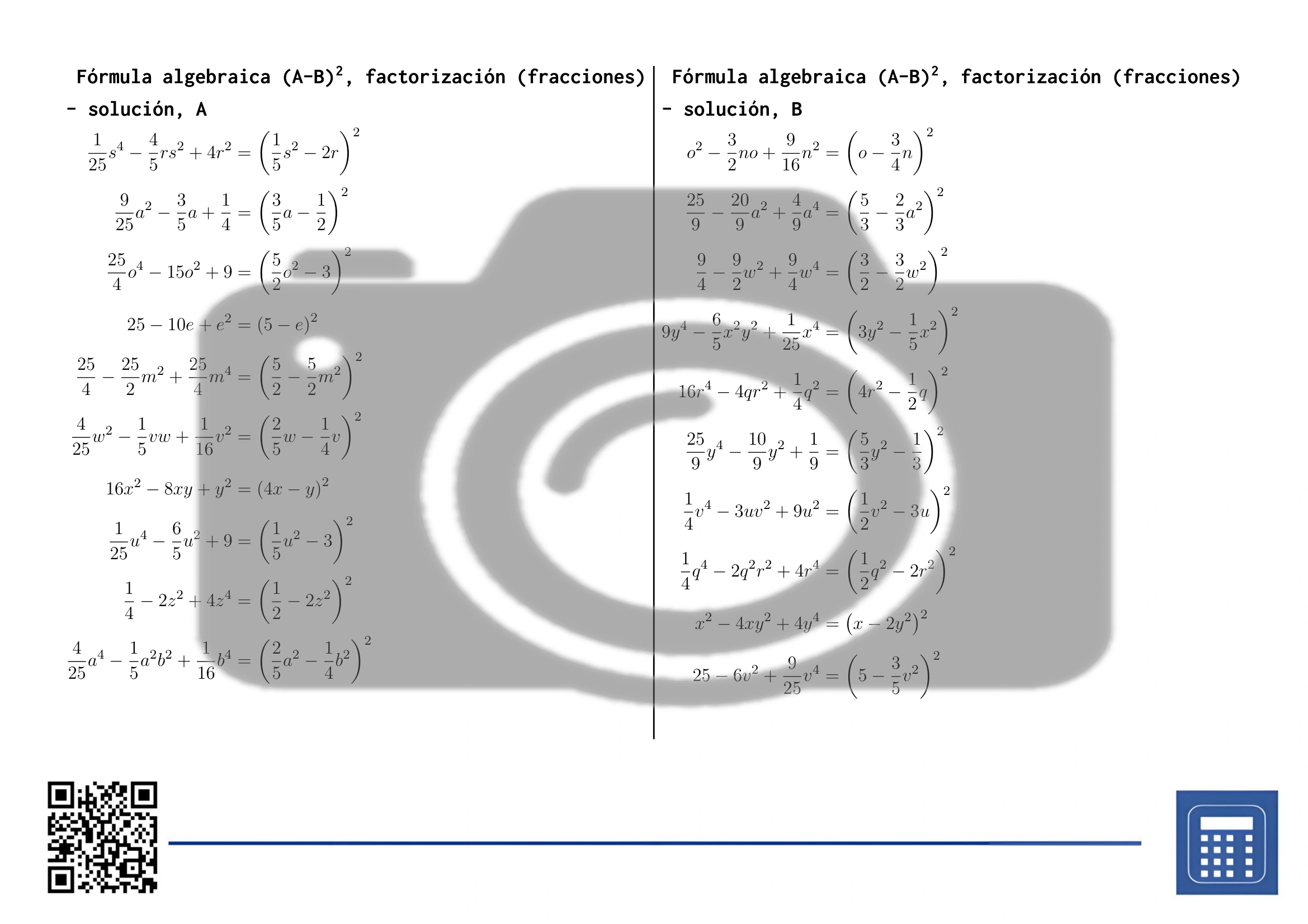 Hoja de trabajo: Fórmula algebraica (A-B)², factorización (fracciones) - Imagen 4