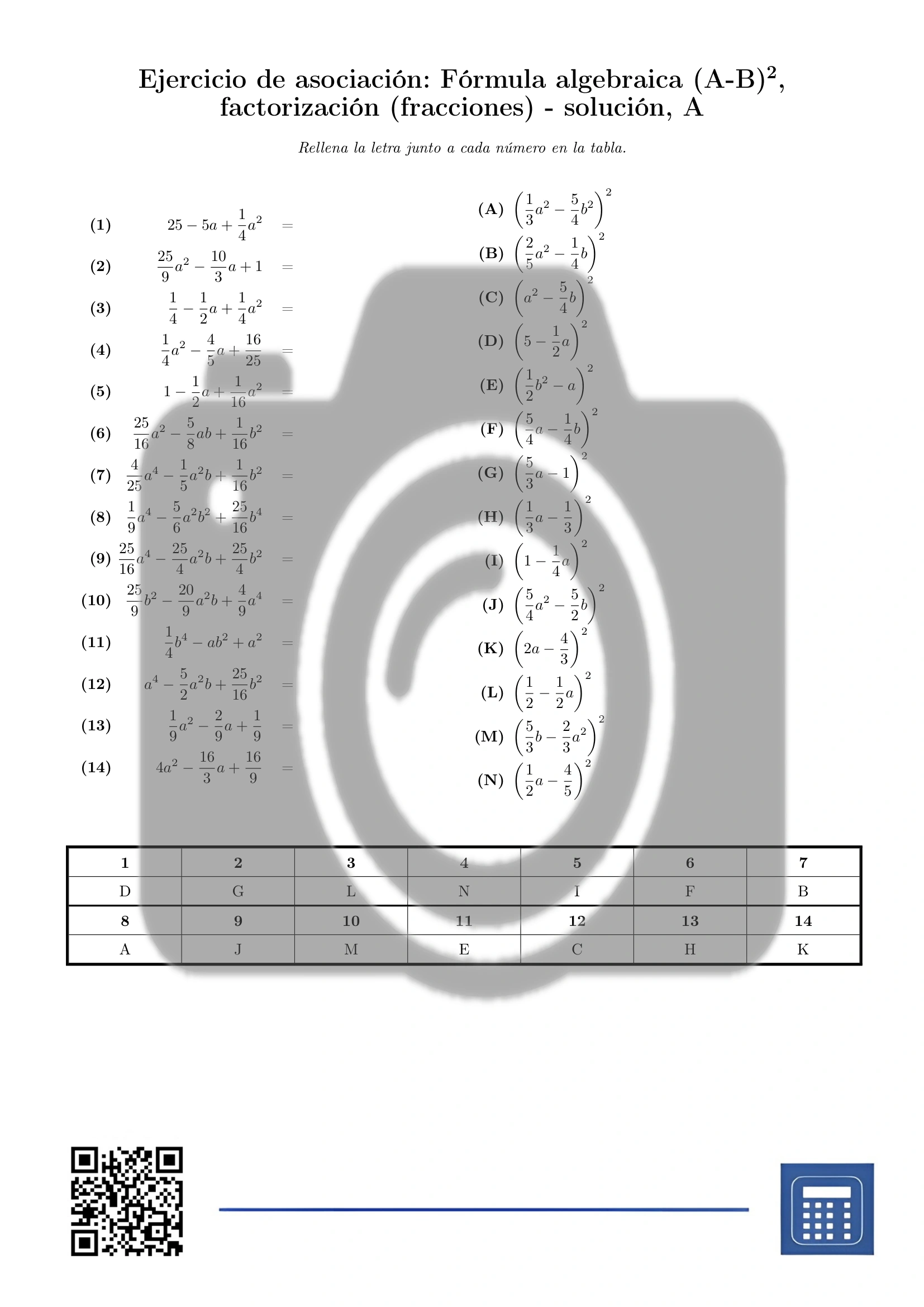 Ejercicio de asociación: Fórmula algebraica (A-B)², factorización (fracciones) - Imagen 3