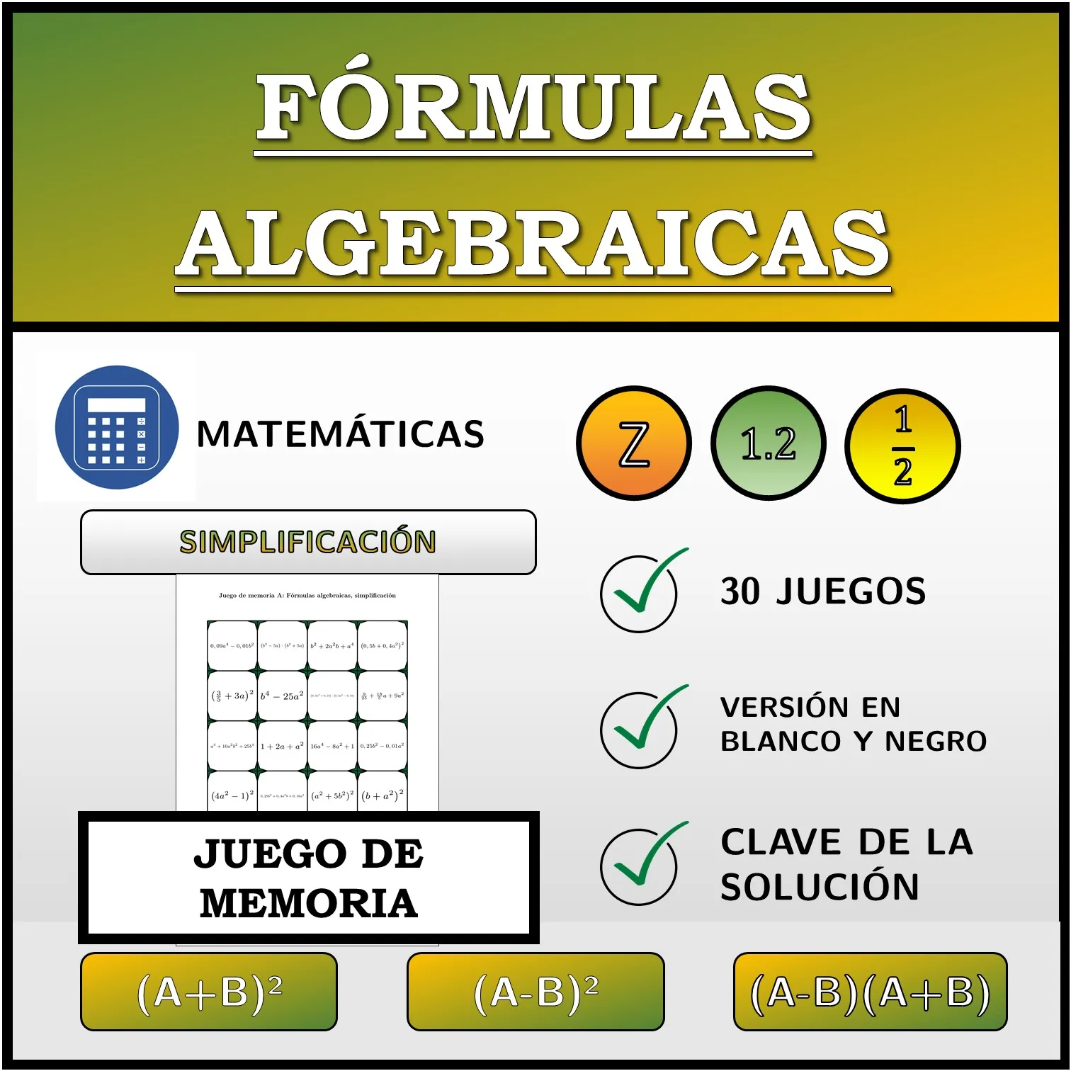 Juego de memoria: Fórmulas algebraicas, simplificación