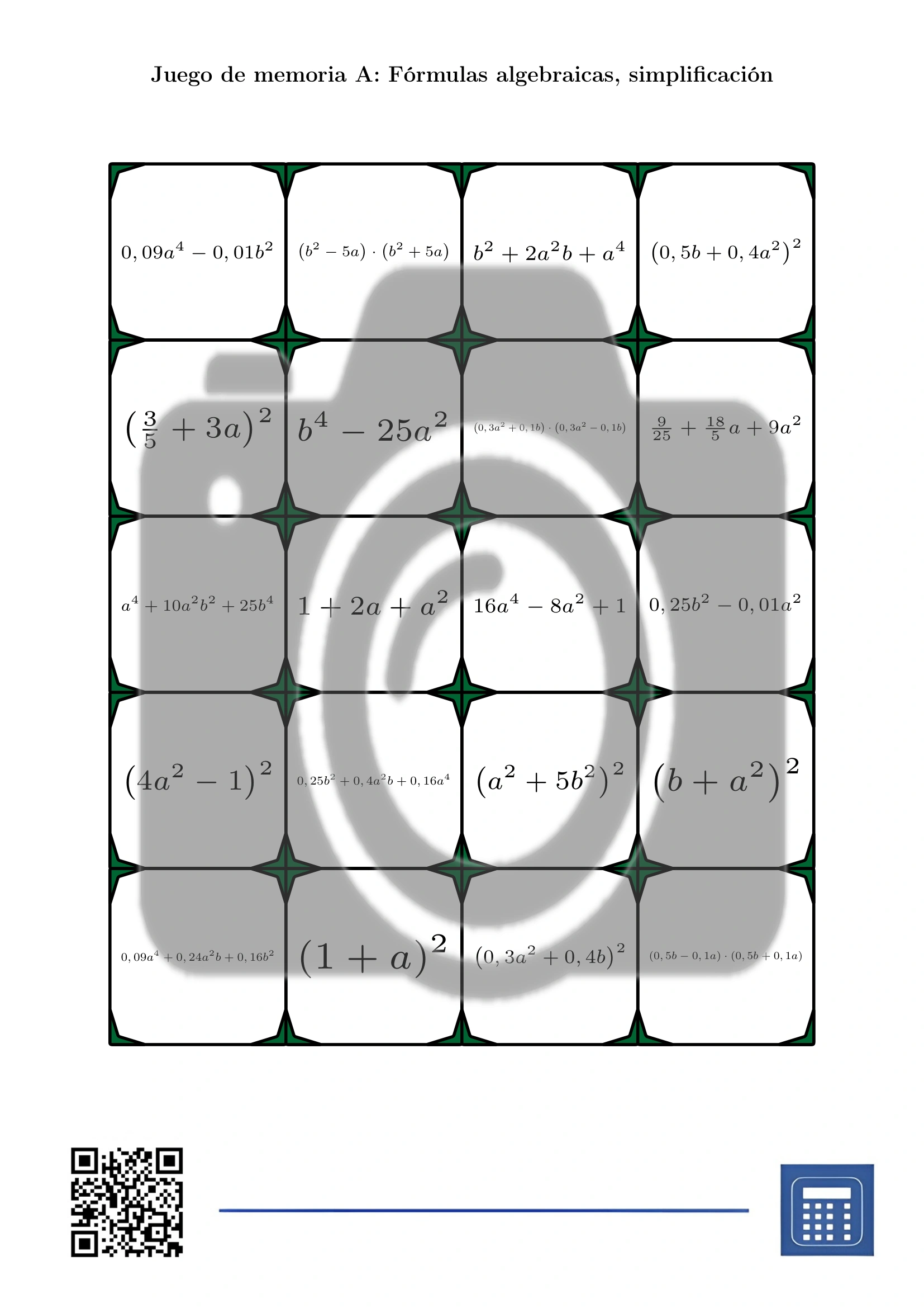 Juego de memoria: Fórmulas algebraicas, simplificación - Imagen 2