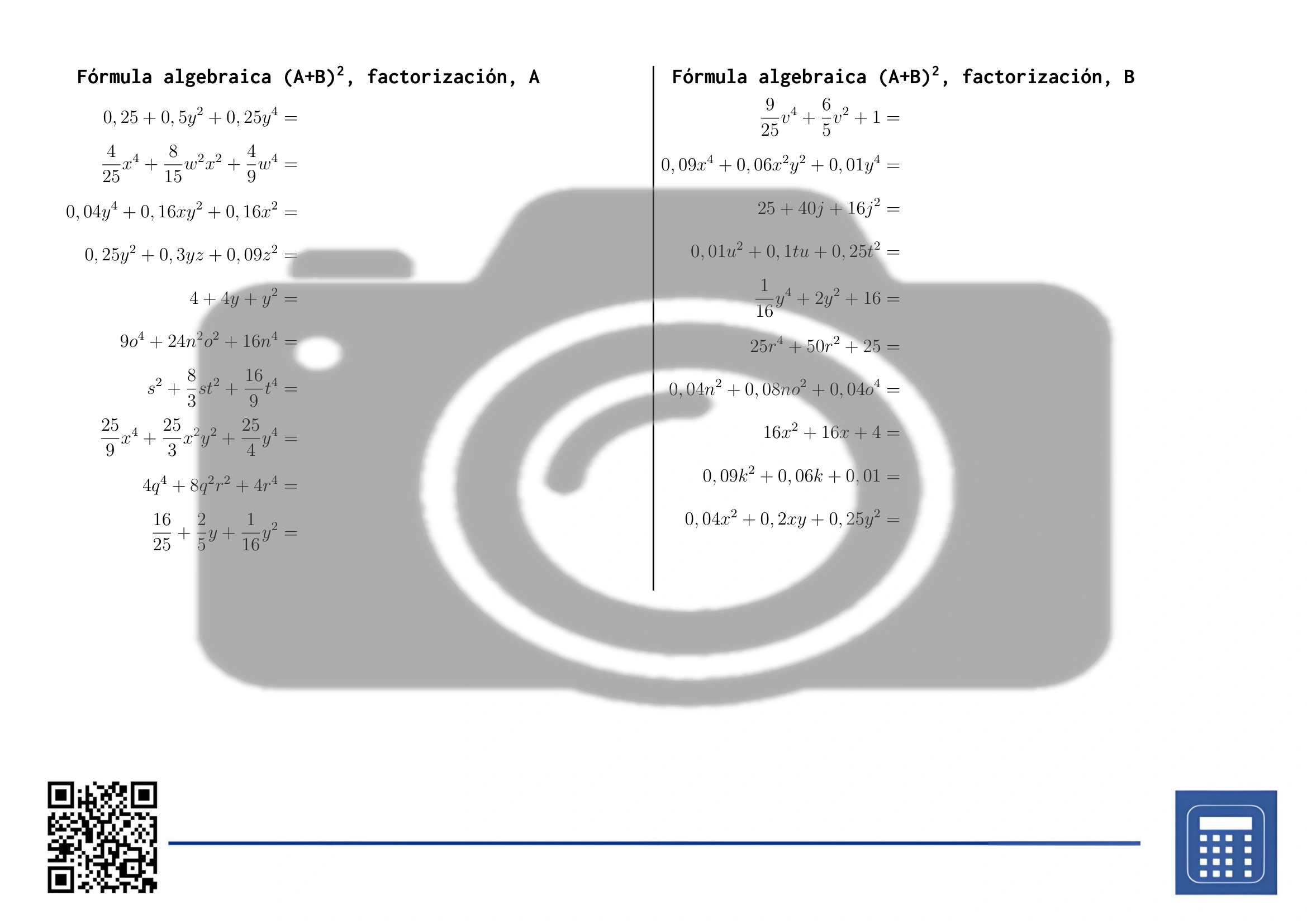 Hoja de trabajo: Fórmula algebraica (A+B)², factorización - Imagen 2