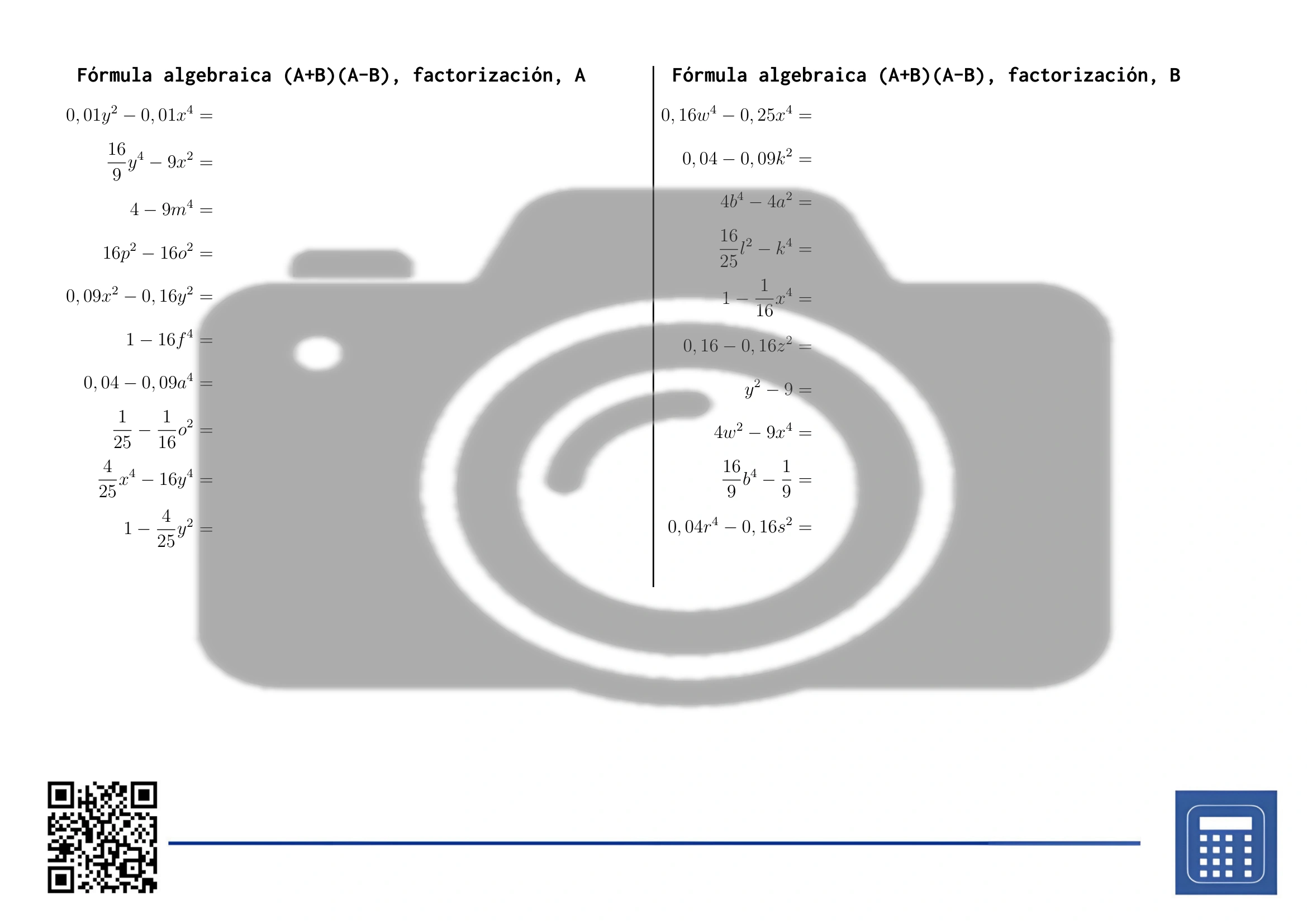 Hoja de trabajo: Fórmula algebraica (A+B)(A-B), factorización - Imagen 2