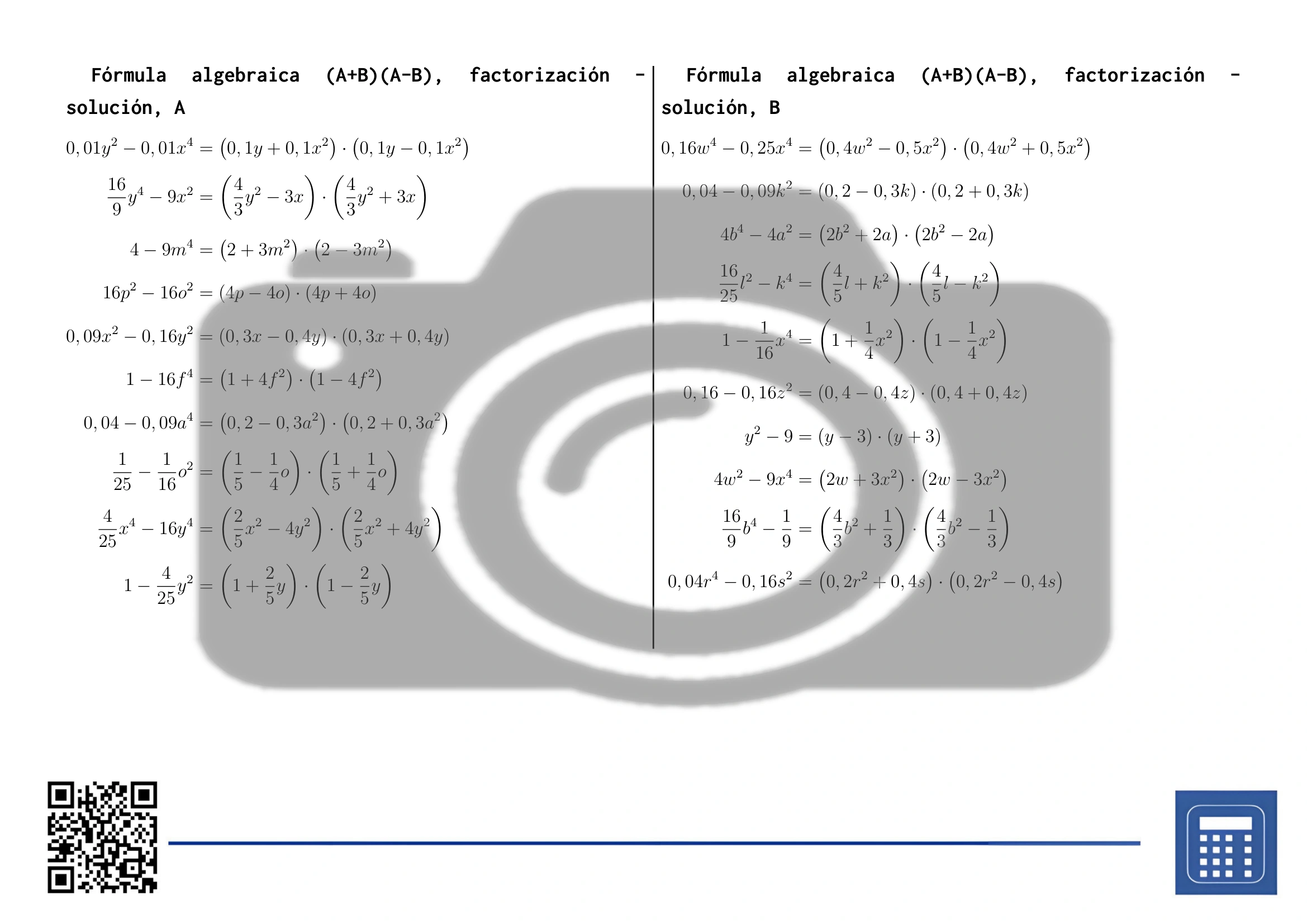 Hoja de trabajo: Fórmula algebraica (A+B)(A-B), factorización - Imagen 4