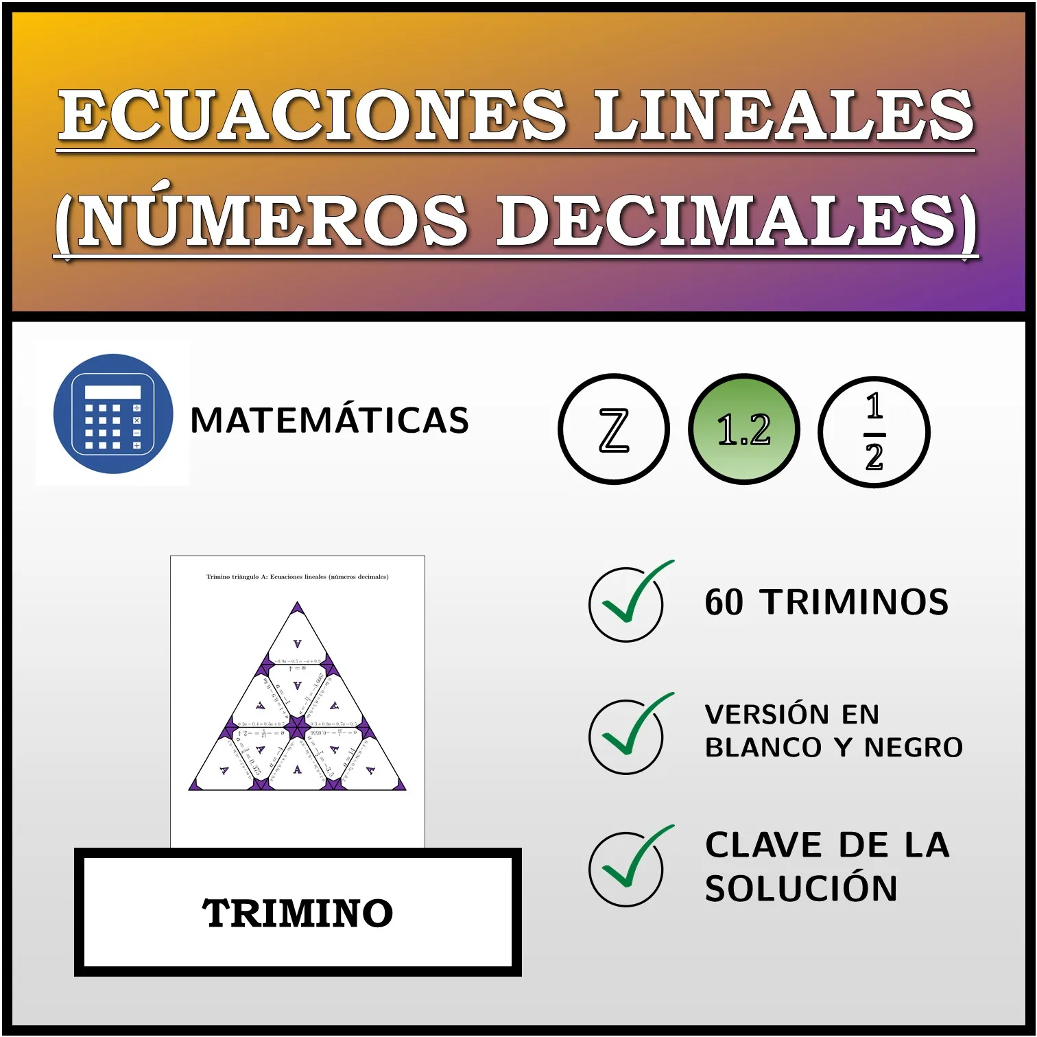 Trimino: Ecuaciones lineales (números decimales)